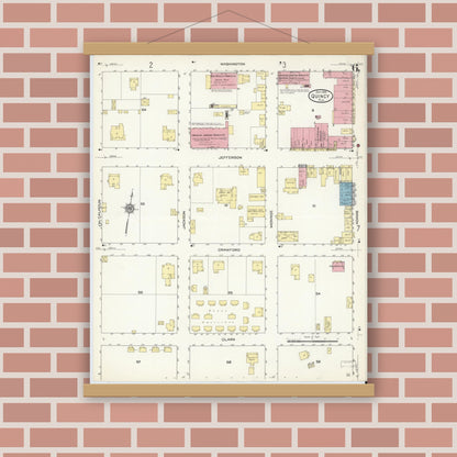 Old map wall art mockup — magnetic wood frame on brick wall — Sanborn Fire Insurance Map from Quincy, Gadsden County, Florida (1913), Sheet #0006