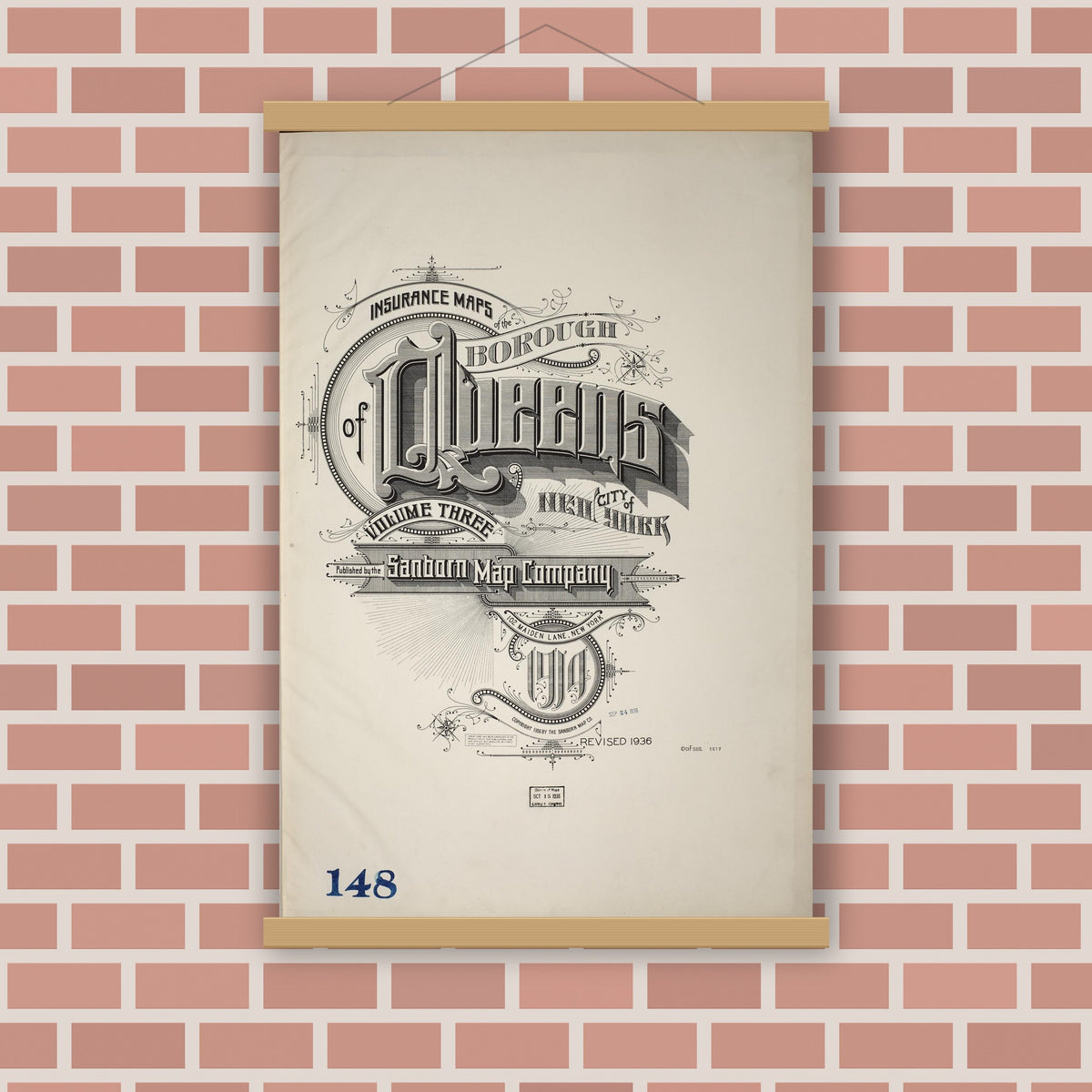 Old map wall art mockup — magnetic wood frame on brick wall — Sanborn Fire Insurance Map from Queens, Queens County, New York (1936), Sheet #0001