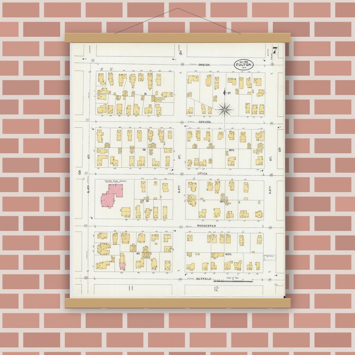 Old map wall art mockup — magnetic wood frame on brick wall — Sanborn Fire Insurance Map from Fulton, Oswego County, New York (1906), Sheet #0007