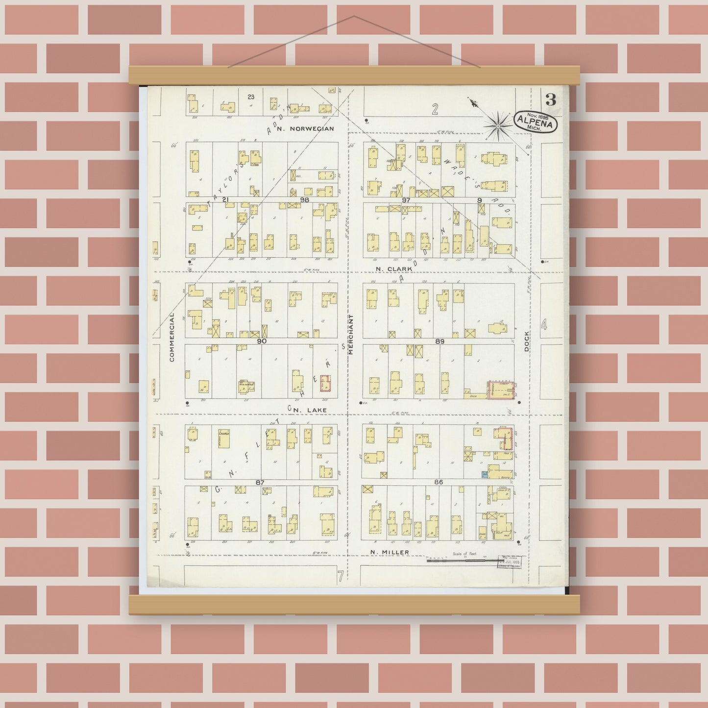Old map wall art mockup — magnetic wood frame on brick wall — Sanborn Fire Insurance Map from Alpena, Alpena County, Michigan (1895), Sheet #0003