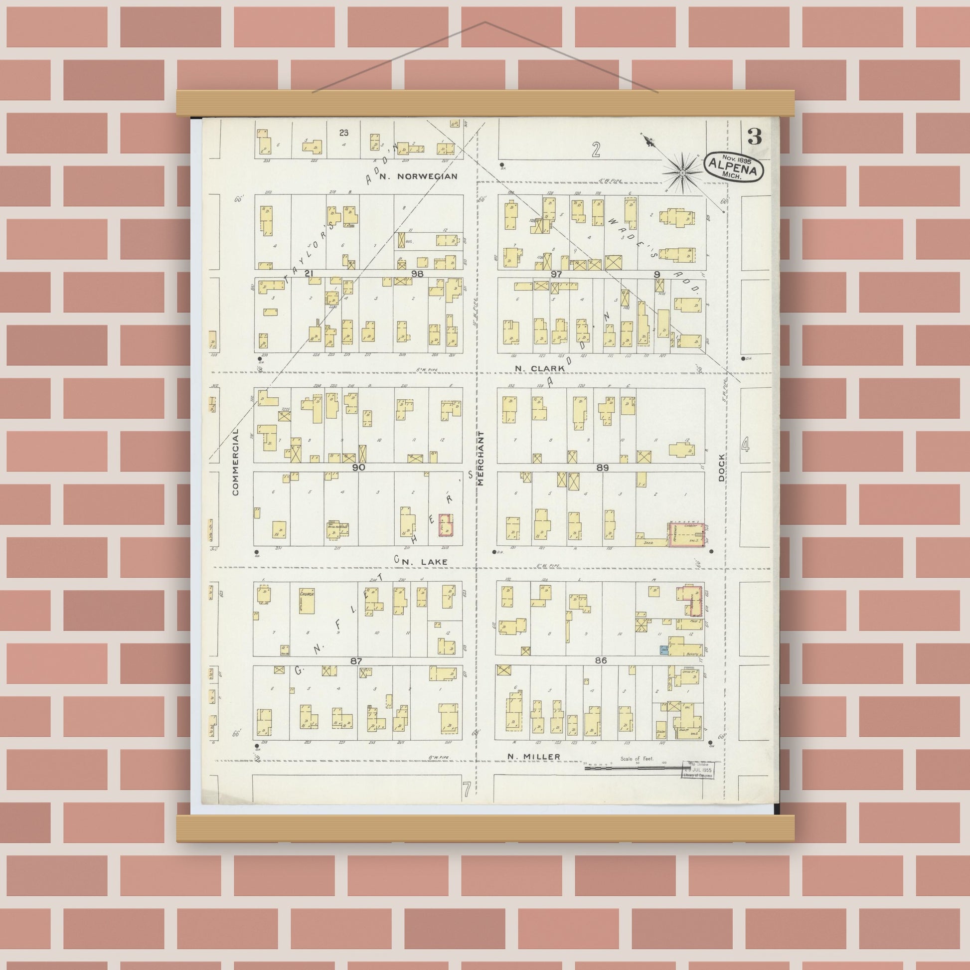 Old map wall art mockup — magnetic wood frame on brick wall — Sanborn Fire Insurance Map from Alpena, Alpena County, Michigan (1895), Sheet #0003