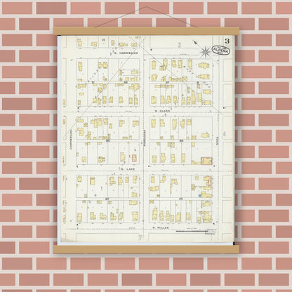 Old map wall art mockup — magnetic wood frame on brick wall — Sanborn Fire Insurance Map from Alpena, Alpena County, Michigan (1895), Sheet #0003