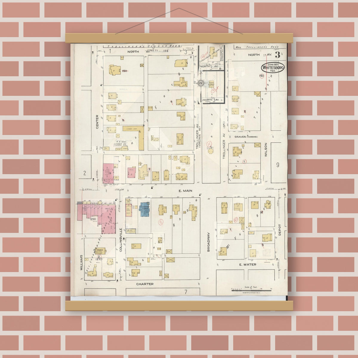 Old map wall art mockup — magnetic wood frame on brick wall — Sanborn Fire Insurance Map from Whitesboro, Grayson County, Texas (1943), Sheet #0003