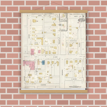 Old map wall art mockup — magnetic wood frame on brick wall — Sanborn Fire Insurance Map from Whitesboro, Grayson County, Texas (1943), Sheet #0003