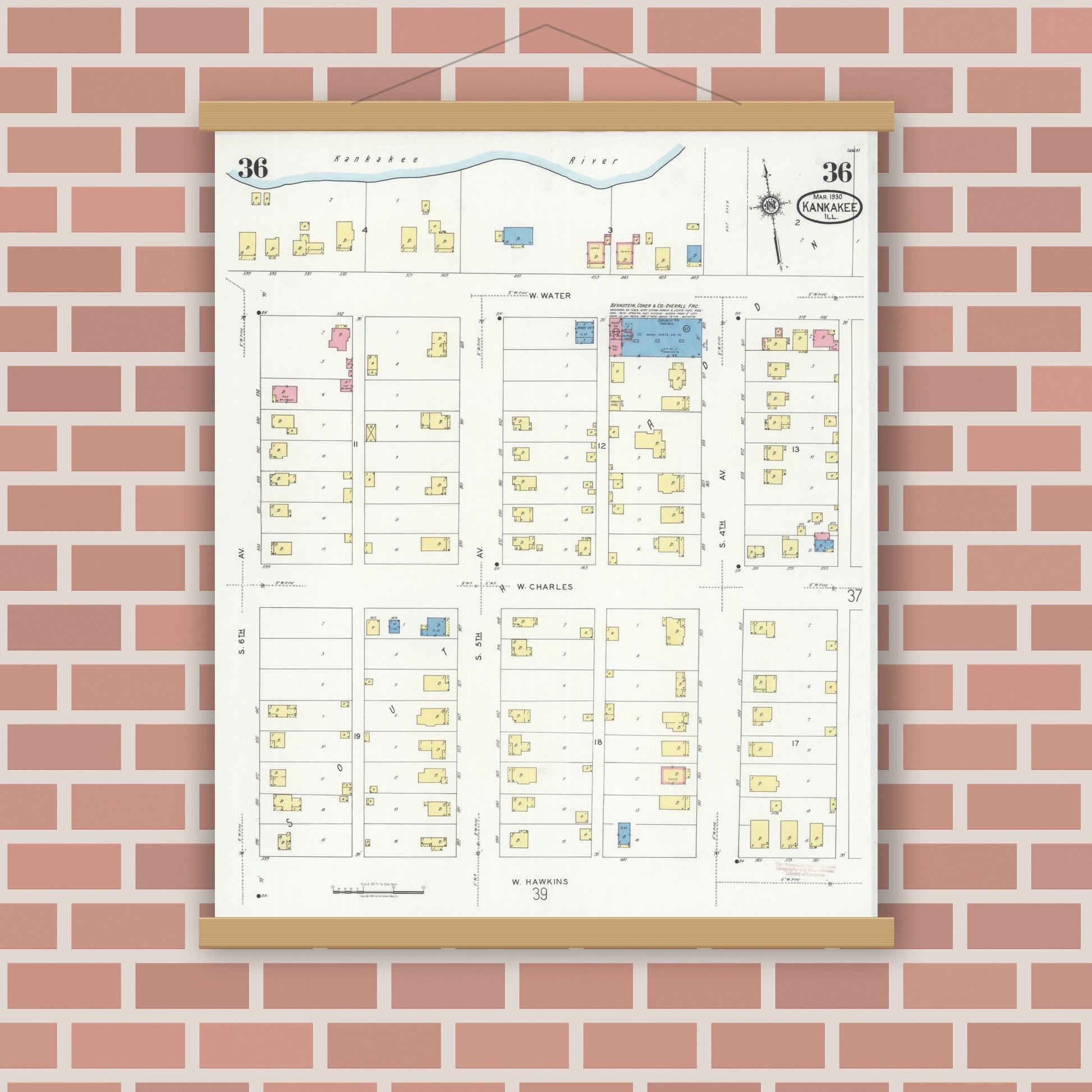 Old map wall art mockup — magnetic wood frame on brick wall — Sanborn Fire Insurance Map from Kankakee, Kankakee County, Illinois (1930), Sheet #0036