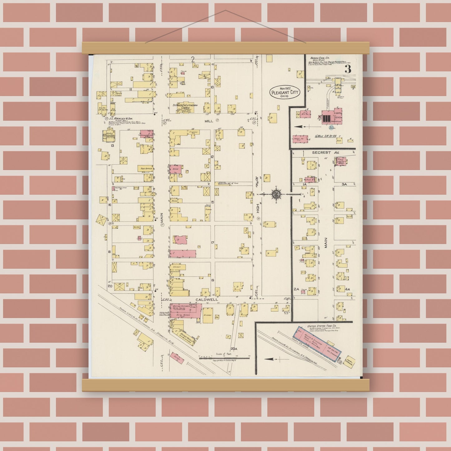 Old map wall art mockup — magnetic wood frame on brick wall — Sanborn Fire Insurance Map from Pleasant City, Guernsey County, Ohio (1922), Sheet #0003