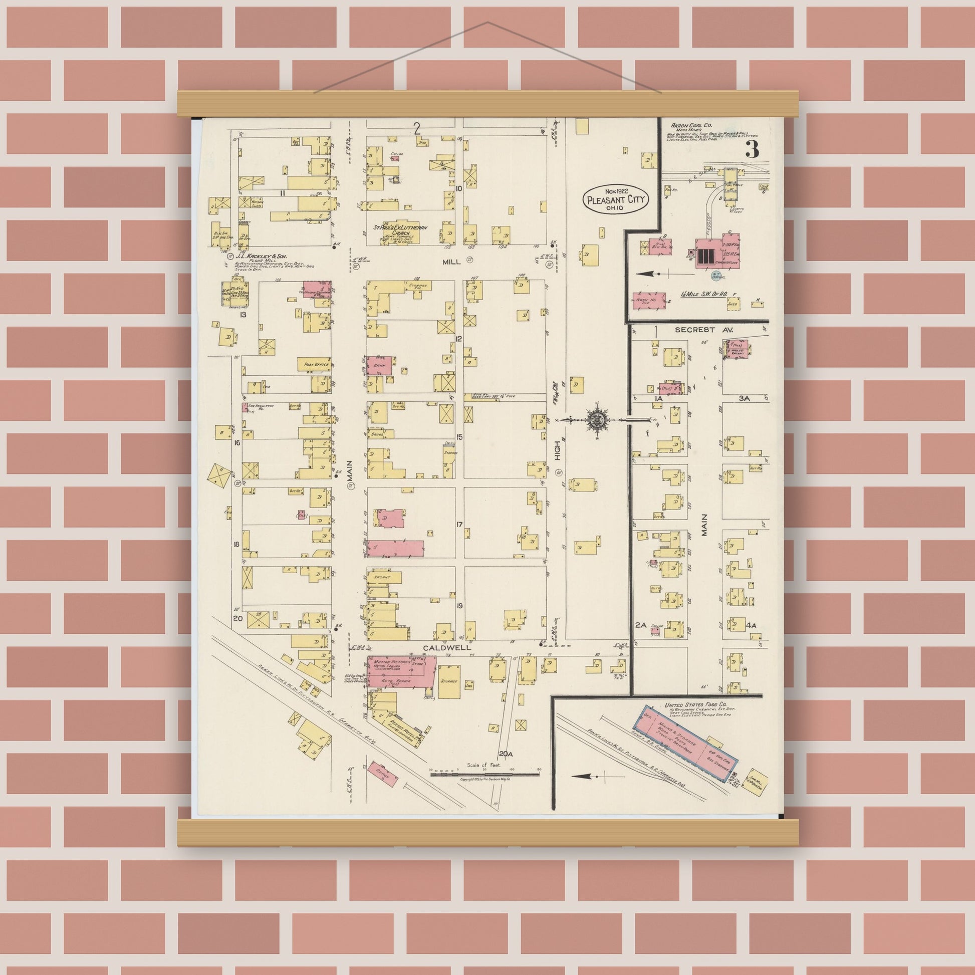 Old map wall art mockup — magnetic wood frame on brick wall — Sanborn Fire Insurance Map from Pleasant City, Guernsey County, Ohio (1922), Sheet #0003