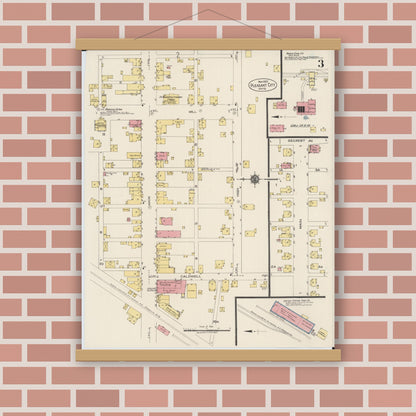 Old map wall art mockup — magnetic wood frame on brick wall — Sanborn Fire Insurance Map from Pleasant City, Guernsey County, Ohio (1922), Sheet #0003