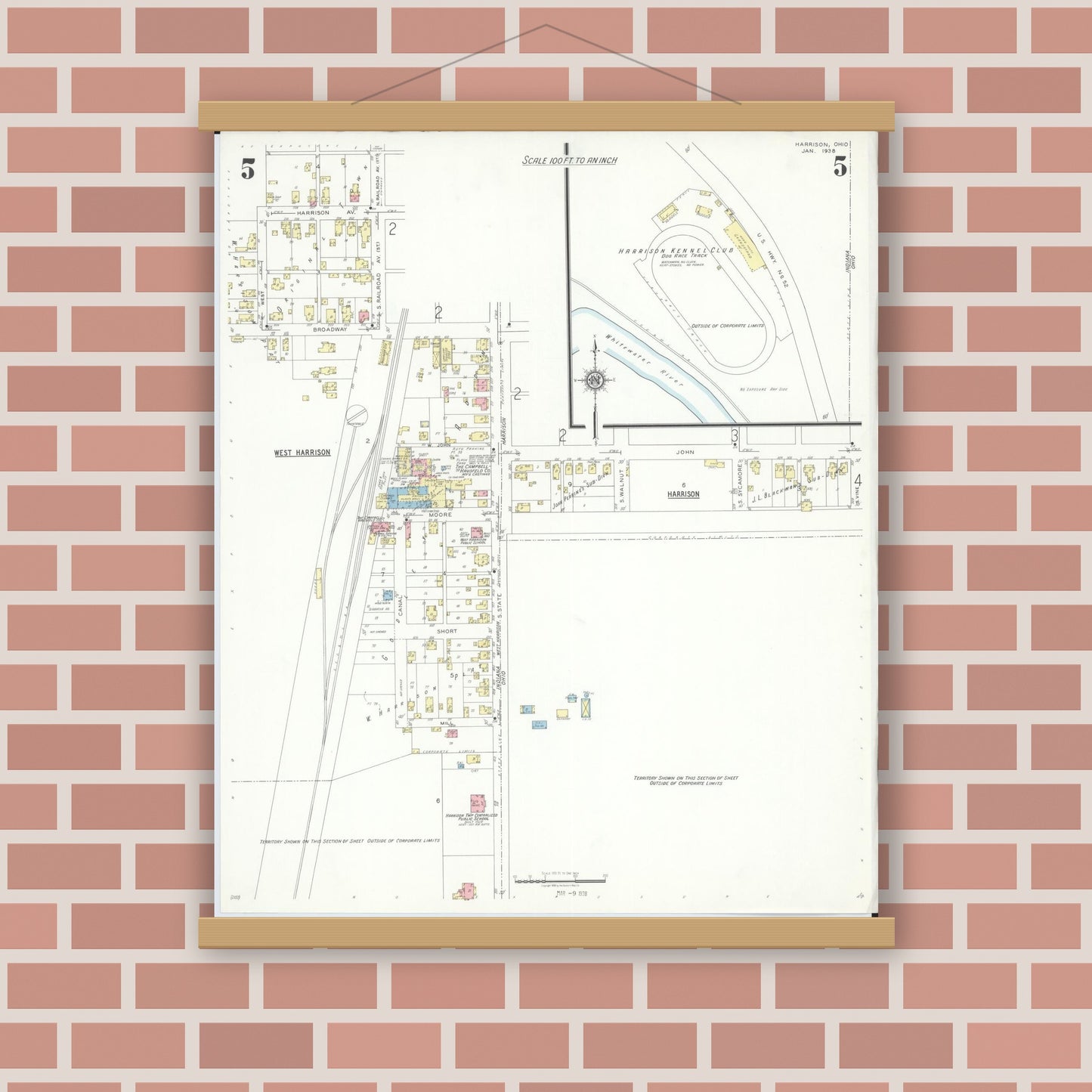 Old map wall art mockup — magnetic wood frame on brick wall — Sanborn Fire Insurance Map from Harrison, Hamilton County, Ohio (1938), Sheet #0005