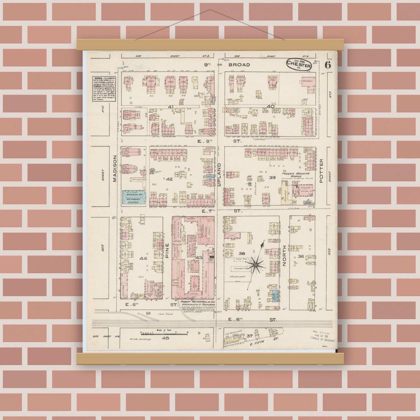 Old map wall art mockup — magnetic wood frame on brick wall — Sanborn Fire Insurance Map from Chester, Delaware County, Pennsylvania (1885), Sheet #0006