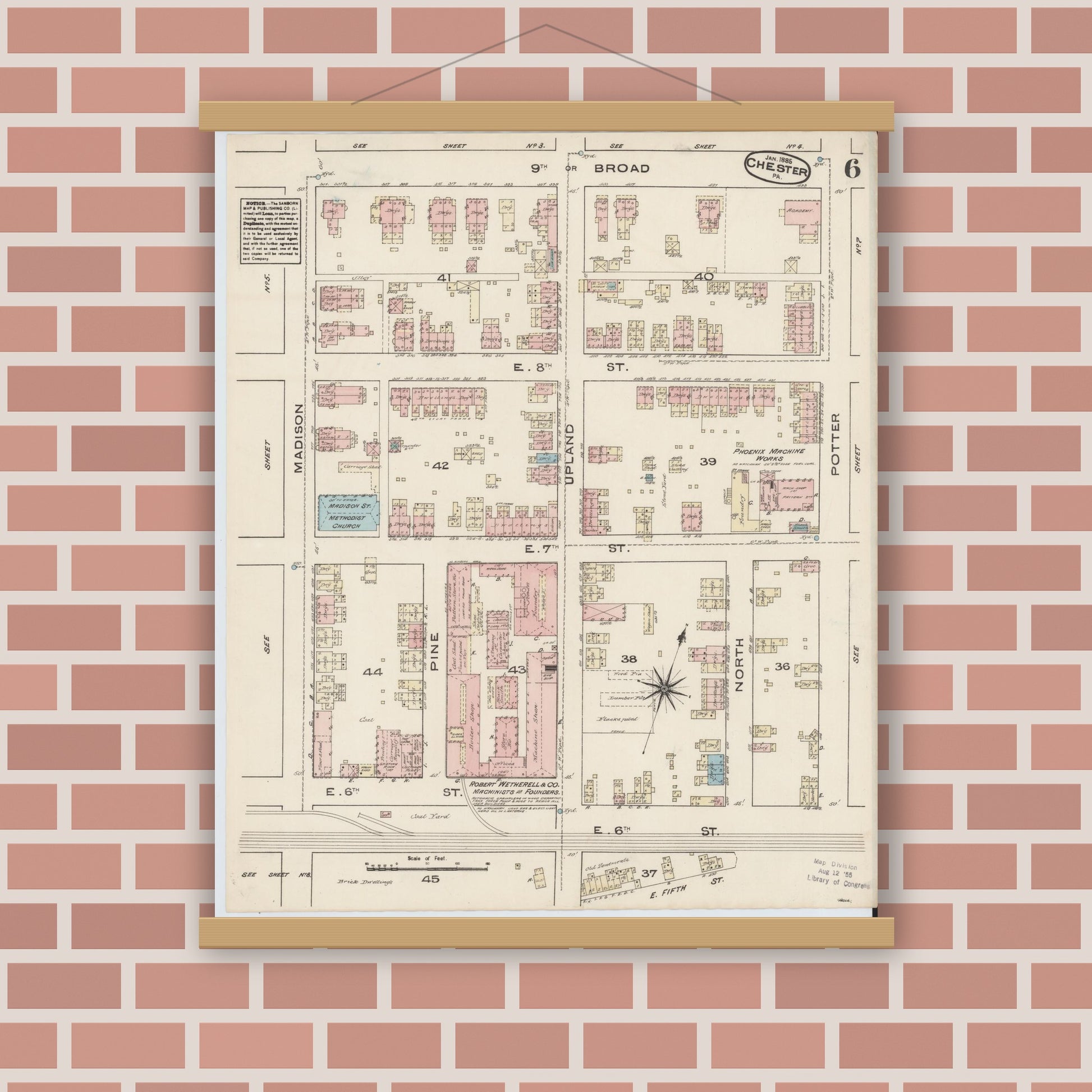 Old map wall art mockup — magnetic wood frame on brick wall — Sanborn Fire Insurance Map from Chester, Delaware County, Pennsylvania (1885), Sheet #0006