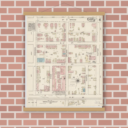 Old map wall art mockup — magnetic wood frame on brick wall — Sanborn Fire Insurance Map from Chester, Delaware County, Pennsylvania (1885), Sheet #0006