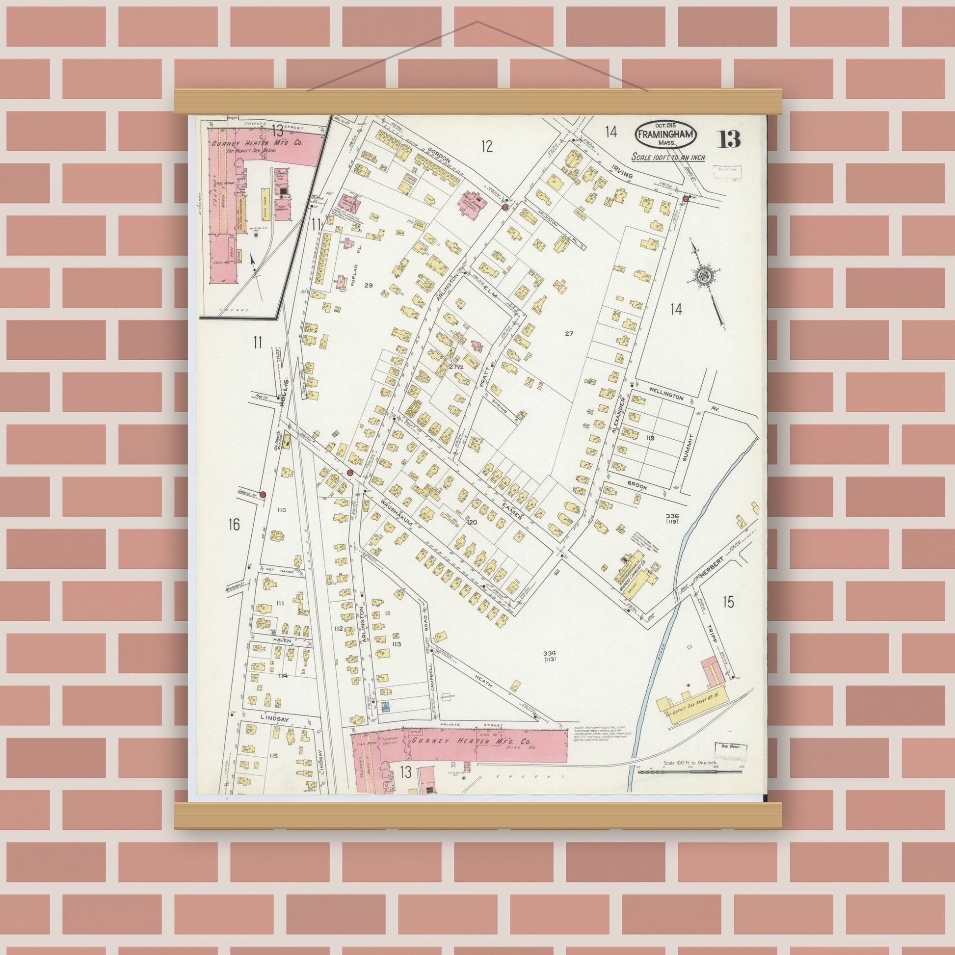 Old map wall art mockup — magnetic wood frame on brick wall — Sanborn Fire Insurance Map from Framingham, Middlesex County, Massachusetts (1915), Sheet #0013