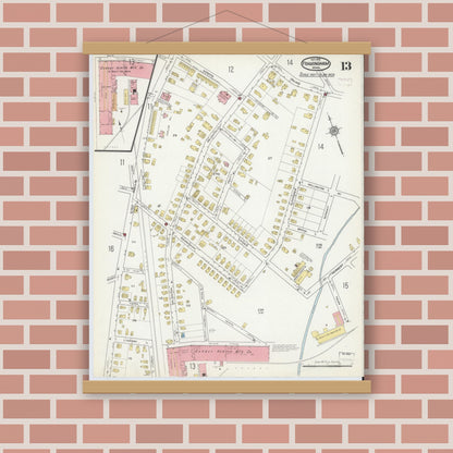 Old map wall art mockup — magnetic wood frame on brick wall — Sanborn Fire Insurance Map from Framingham, Middlesex County, Massachusetts (1915), Sheet #0013