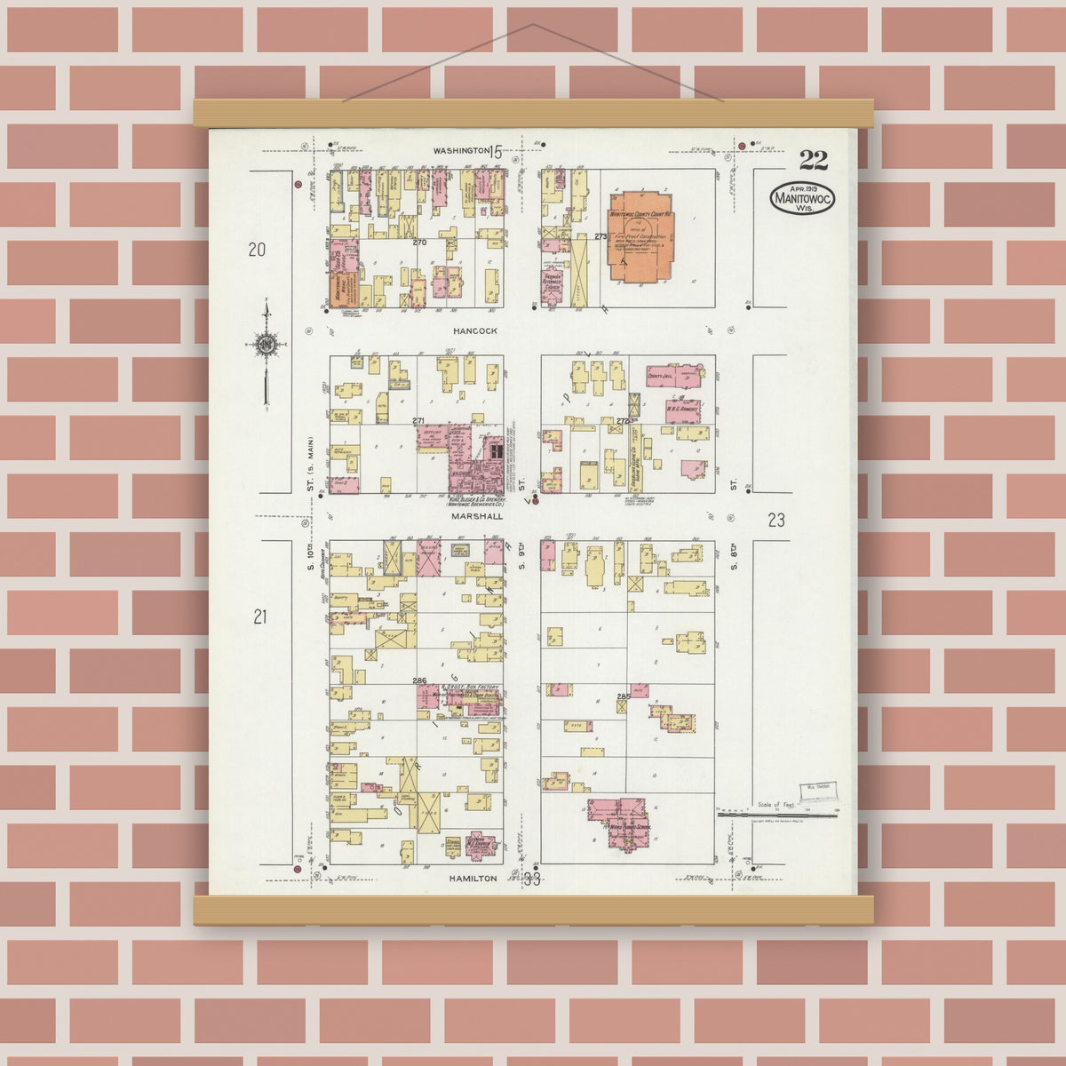 Old map wall art mockup — magnetic wood frame on brick wall — Sanborn Fire Insurance Map from Manitowoc, Manitowoc County, Wisconsin (1919), Sheet #0022