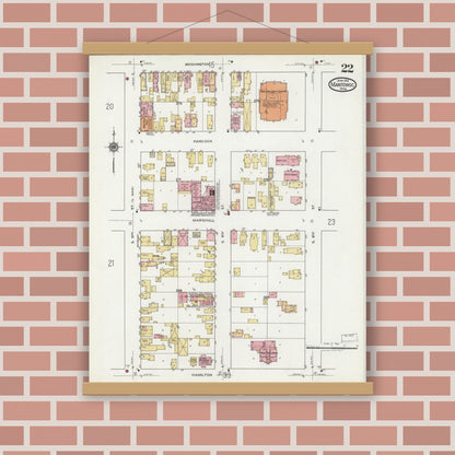 Old map wall art mockup — magnetic wood frame on brick wall — Sanborn Fire Insurance Map from Manitowoc, Manitowoc County, Wisconsin (1919), Sheet #0022