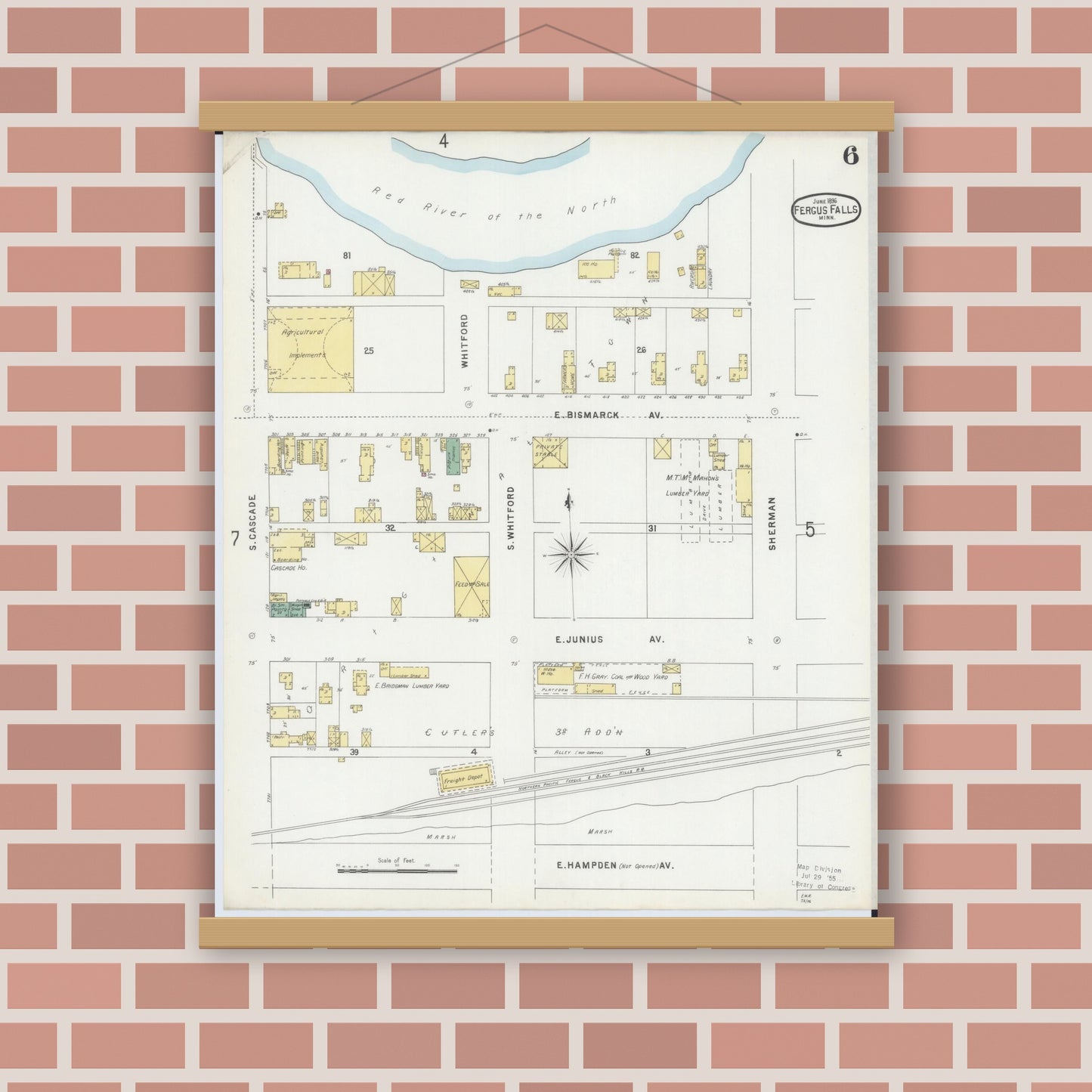 Old map wall art mockup — magnetic wood frame on brick wall — Sanborn Fire Insurance Map from Fergus Falls, Otter Tail County, Minnesota (1896), Sheet #0006