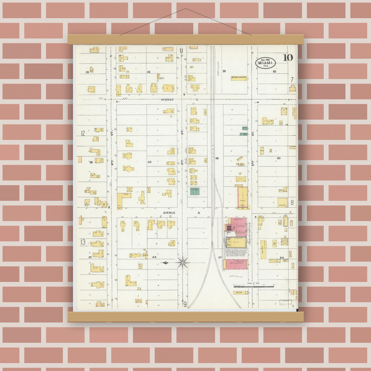 Old map wall art mockup — magnetic wood frame on brick wall — Sanborn Fire Insurance Map from Miami, Dade County, Florida (1906), Sheet #0010