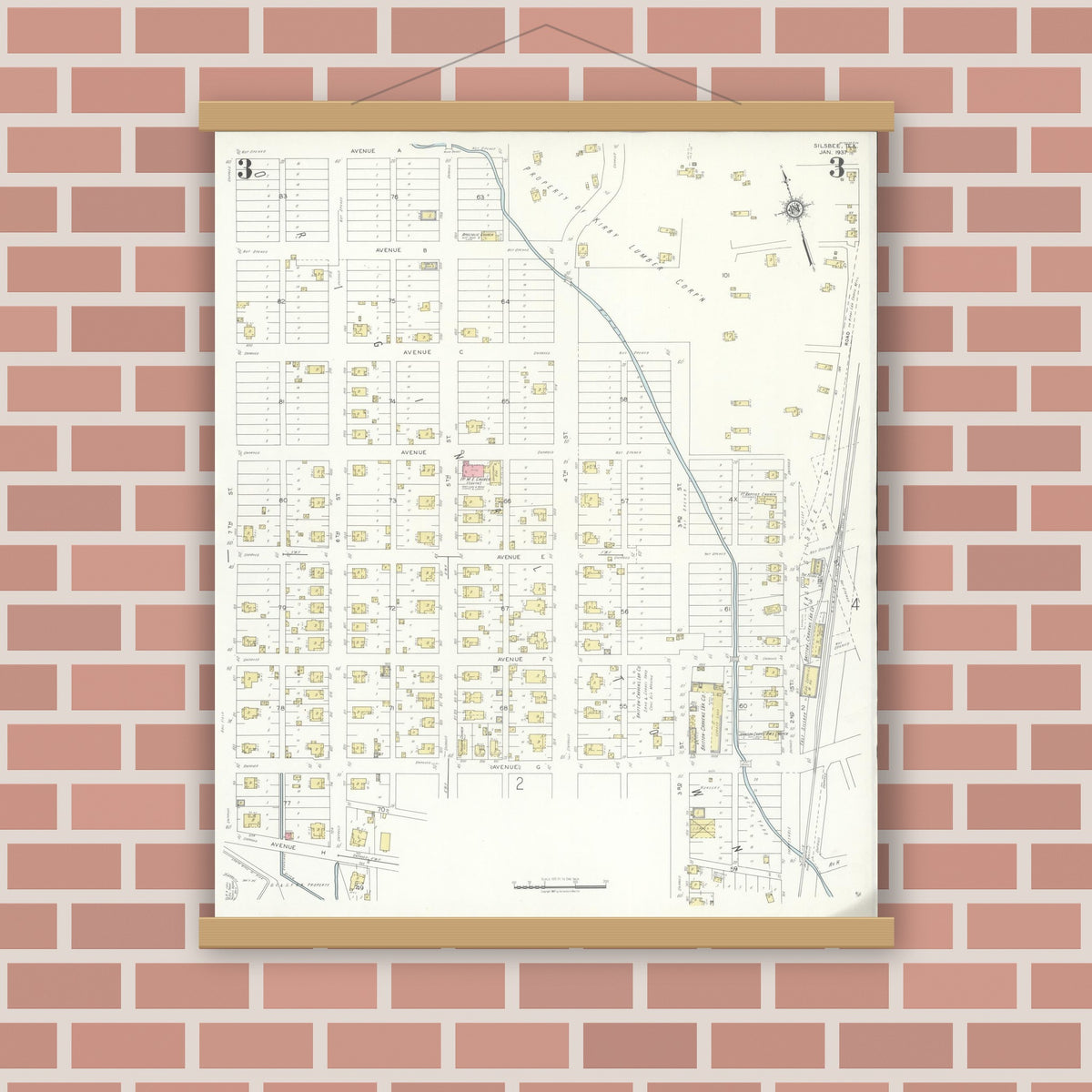 Old map wall art mockup — magnetic wood frame on brick wall — Sanborn Fire Insurance Map from Silsbee, Hardin County, Texas (1937), Sheet #0003