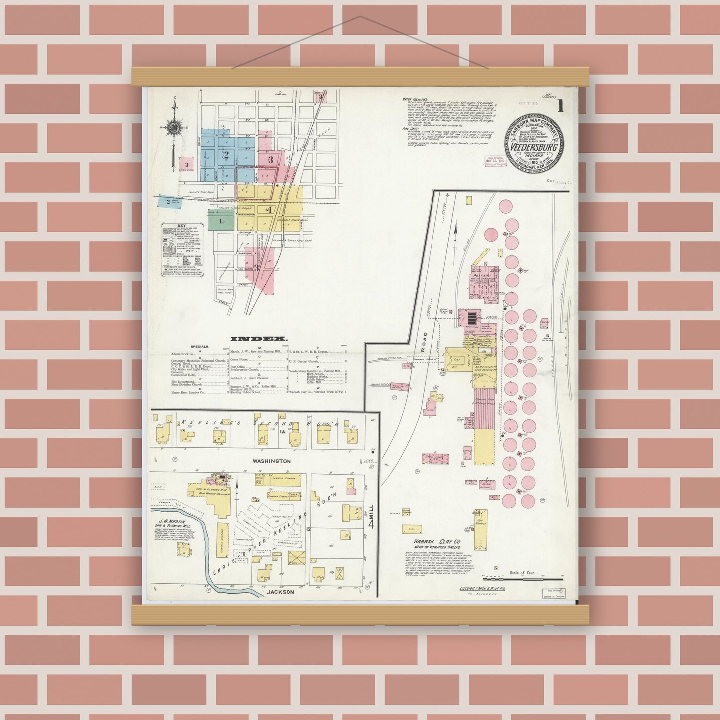 Old map wall art mockup — magnetic wood frame on brick wall — Sanborn Fire Insurance Map from Veedersburg, Fountain County, Indiana (1910) - Complete Map Set