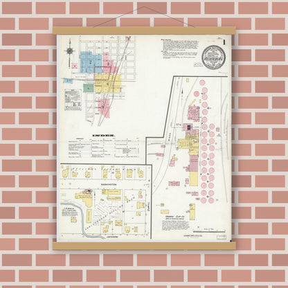 Old map wall art mockup — magnetic wood frame on brick wall — Sanborn Fire Insurance Map from Veedersburg, Fountain County, Indiana (1910) - Complete Map Set