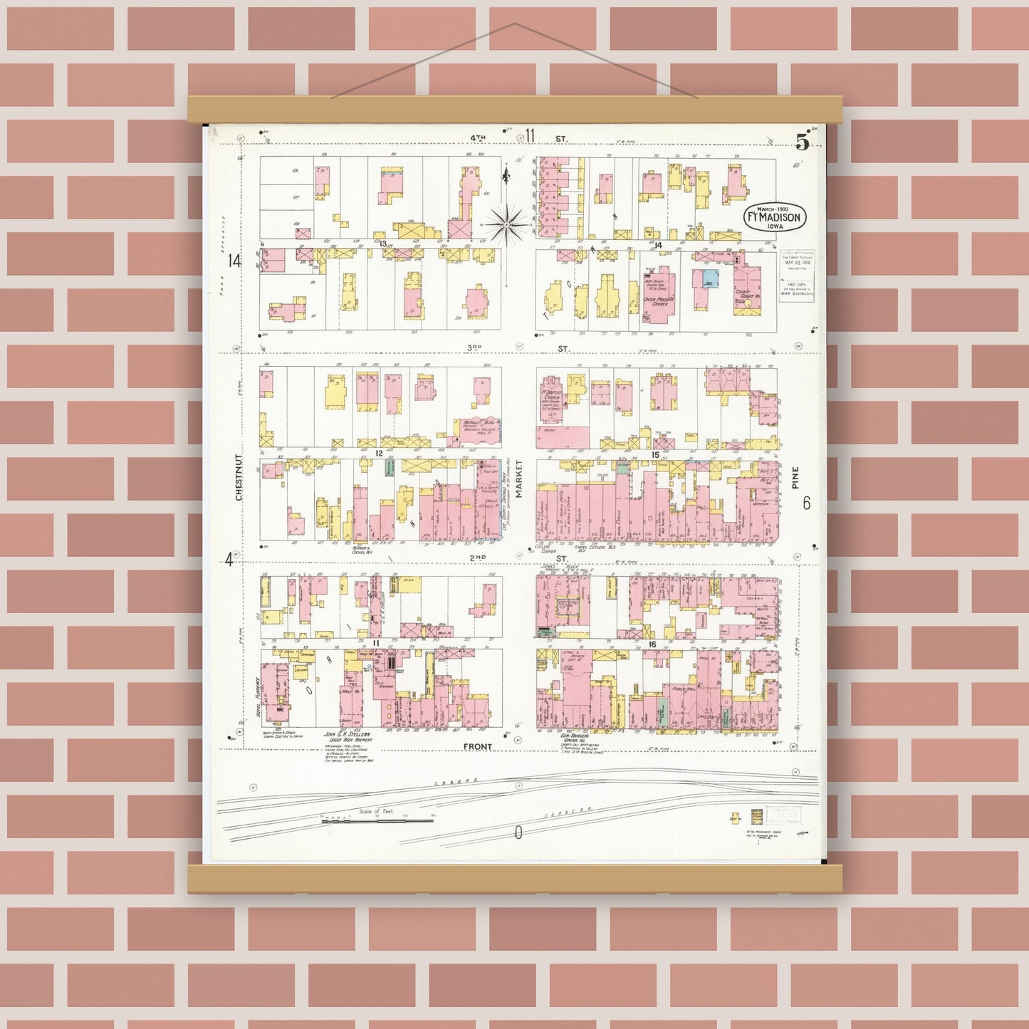 Old map wall art mockup — magnetic wood frame on brick wall — Sanborn Fire Insurance Map from Fort Madison, Lee County, Iowa (1900), Sheet #0005