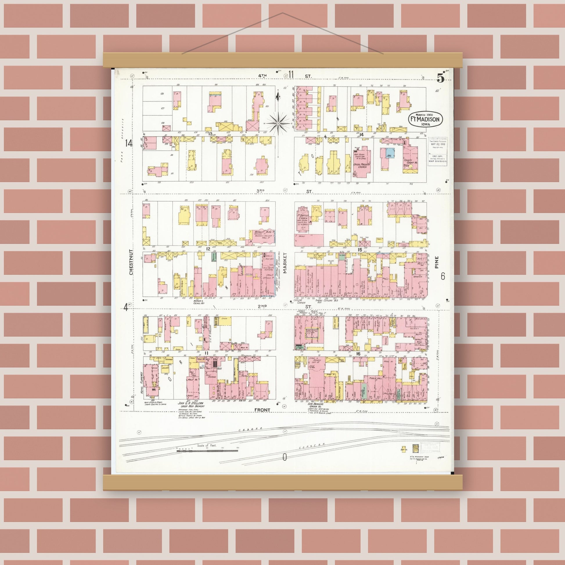 Old map wall art mockup — magnetic wood frame on brick wall — Sanborn Fire Insurance Map from Fort Madison, Lee County, Iowa (1900), Sheet #0005