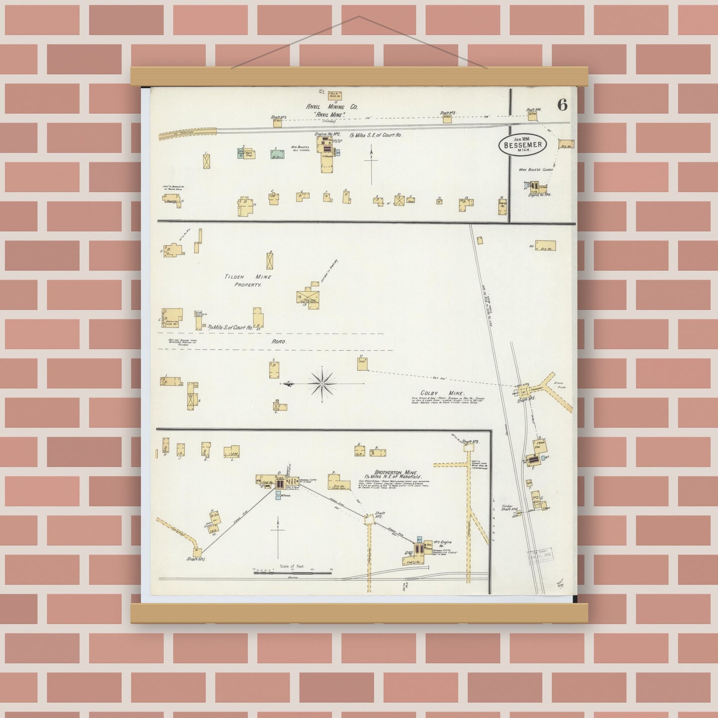 Old map wall art mockup — magnetic wood frame on brick wall — Sanborn Fire Insurance Map from Bessemer, Gogebic County, Michigan (1898), Sheet #0006