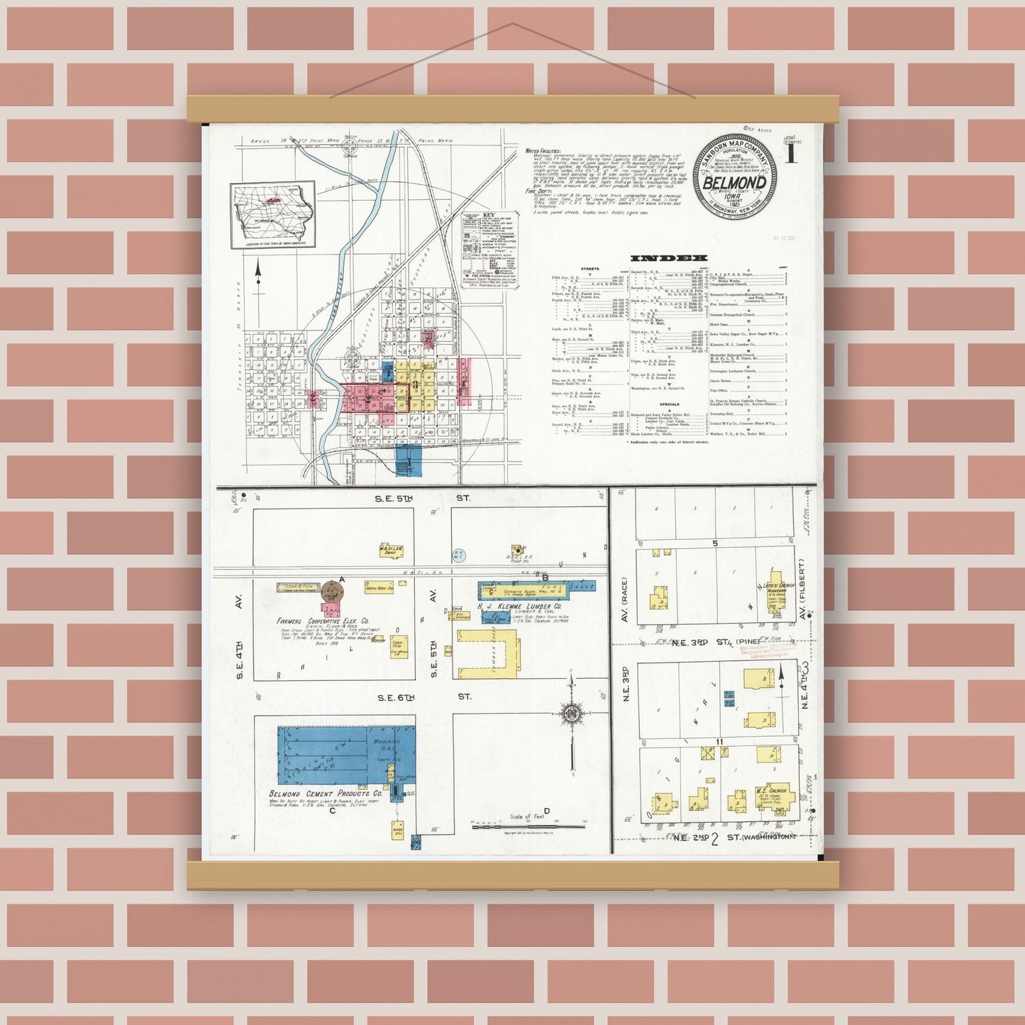 Old map wall art mockup — magnetic wood frame on brick wall — Sanborn Fire Insurance Map from Belmond, Wright County, Iowa (1921), Sheet #0001