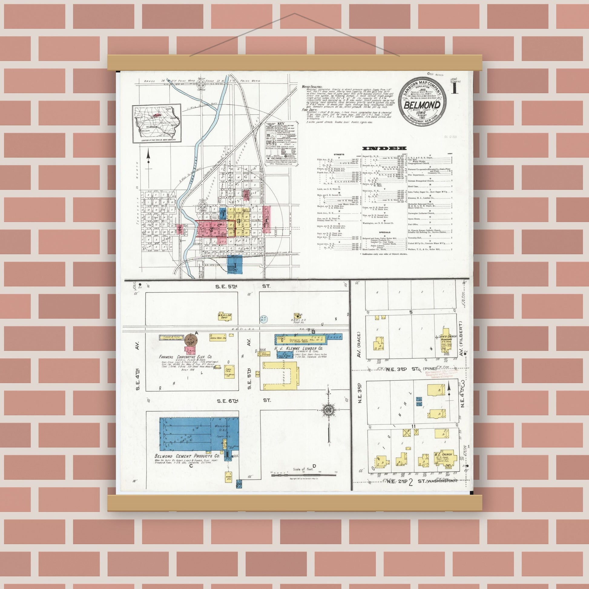 Old map wall art mockup — magnetic wood frame on brick wall — Sanborn Fire Insurance Map from Belmond, Wright County, Iowa (1921), Sheet #0001