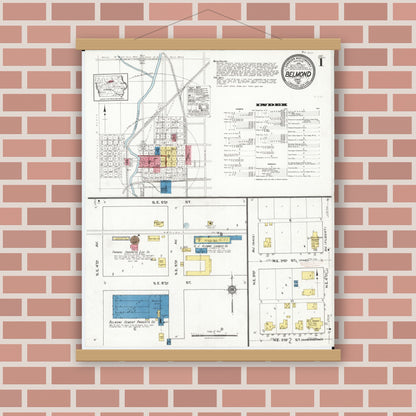 Old map wall art mockup — magnetic wood frame on brick wall — Sanborn Fire Insurance Map from Belmond, Wright County, Iowa (1921), Sheet #0001