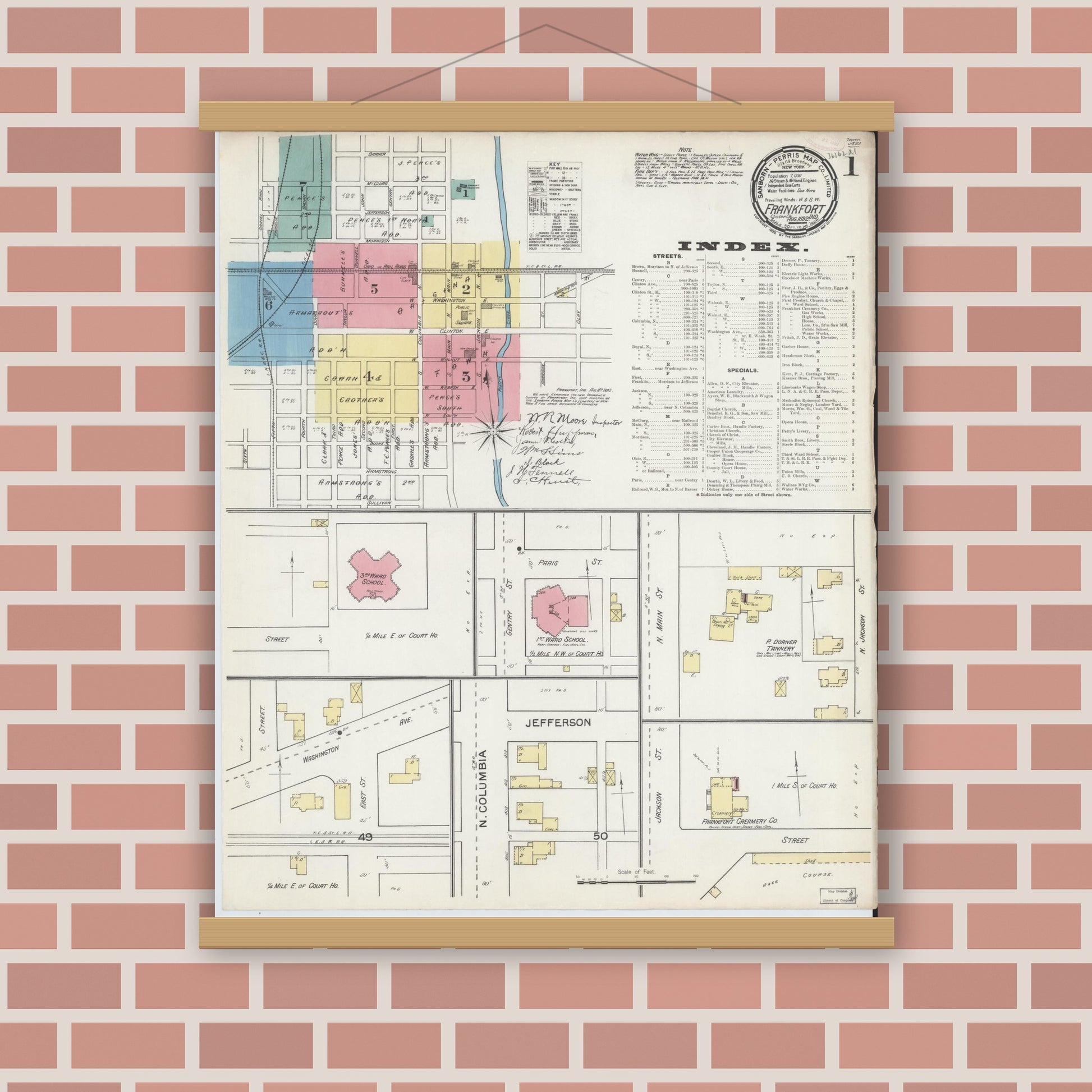 Old map wall art mockup — magnetic wood frame on brick wall — Sanborn Fire Insurance Map from Frankfort, Clinton County, Indiana (1892) - Complete Map Set
