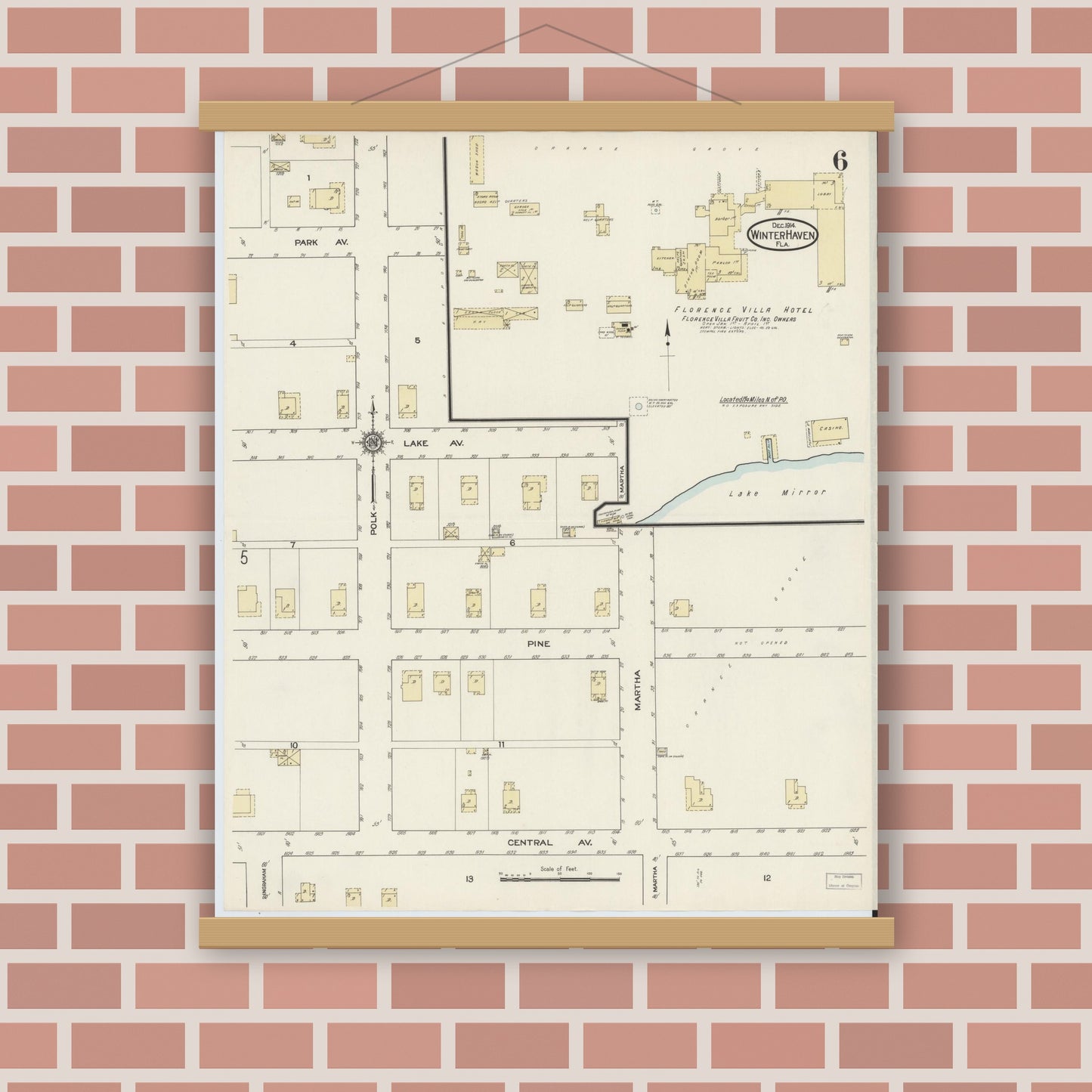 Old map wall art mockup — magnetic wood frame on brick wall — Sanborn Fire Insurance Map from Winter Haven, Polk County, Florida (1914), Sheet #0006