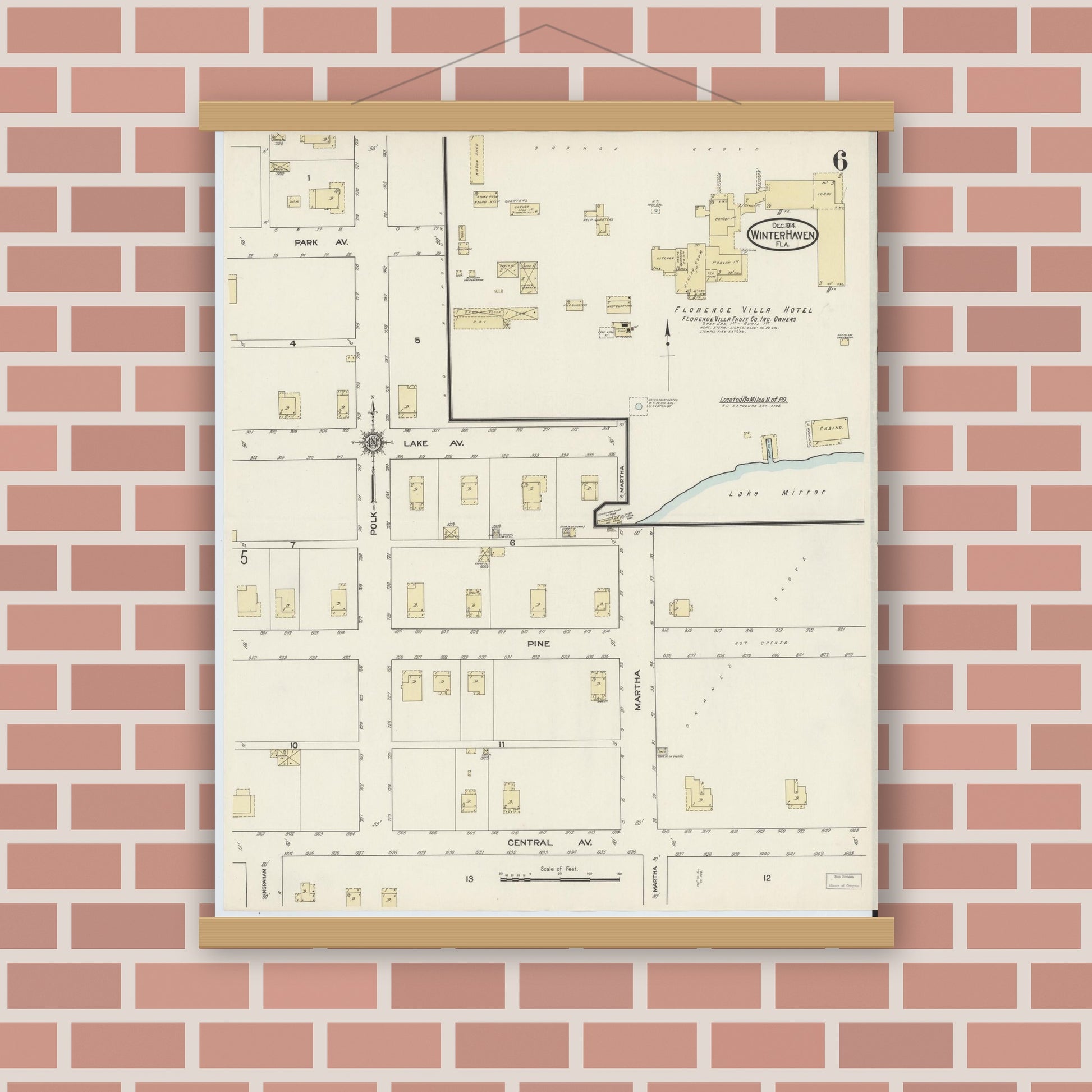 Old map wall art mockup — magnetic wood frame on brick wall — Sanborn Fire Insurance Map from Winter Haven, Polk County, Florida (1914), Sheet #0006