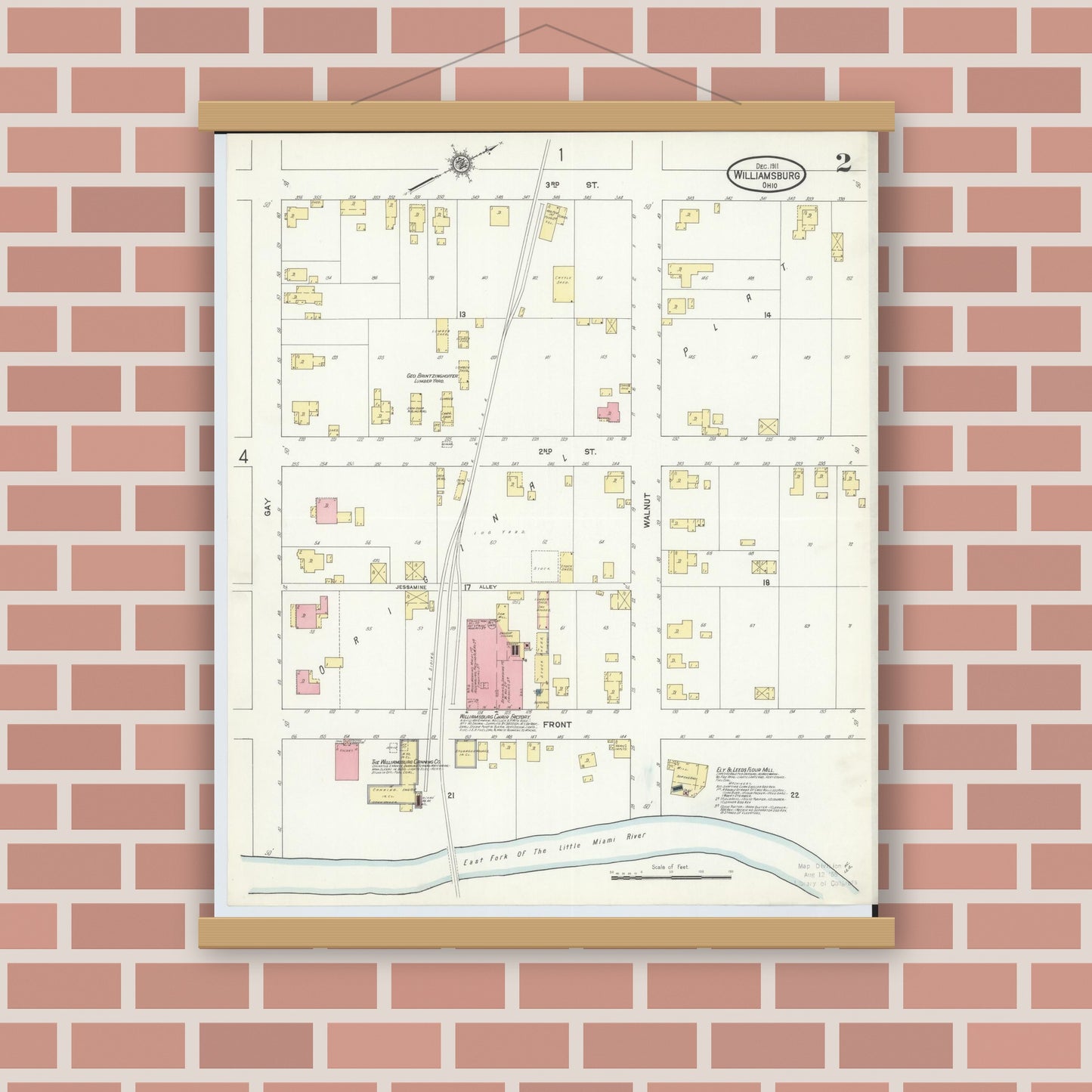 Old map wall art mockup — magnetic wood frame on brick wall — Sanborn Fire Insurance Map from Williamsburg, Clermont County, Ohio (1911), Sheet #0002