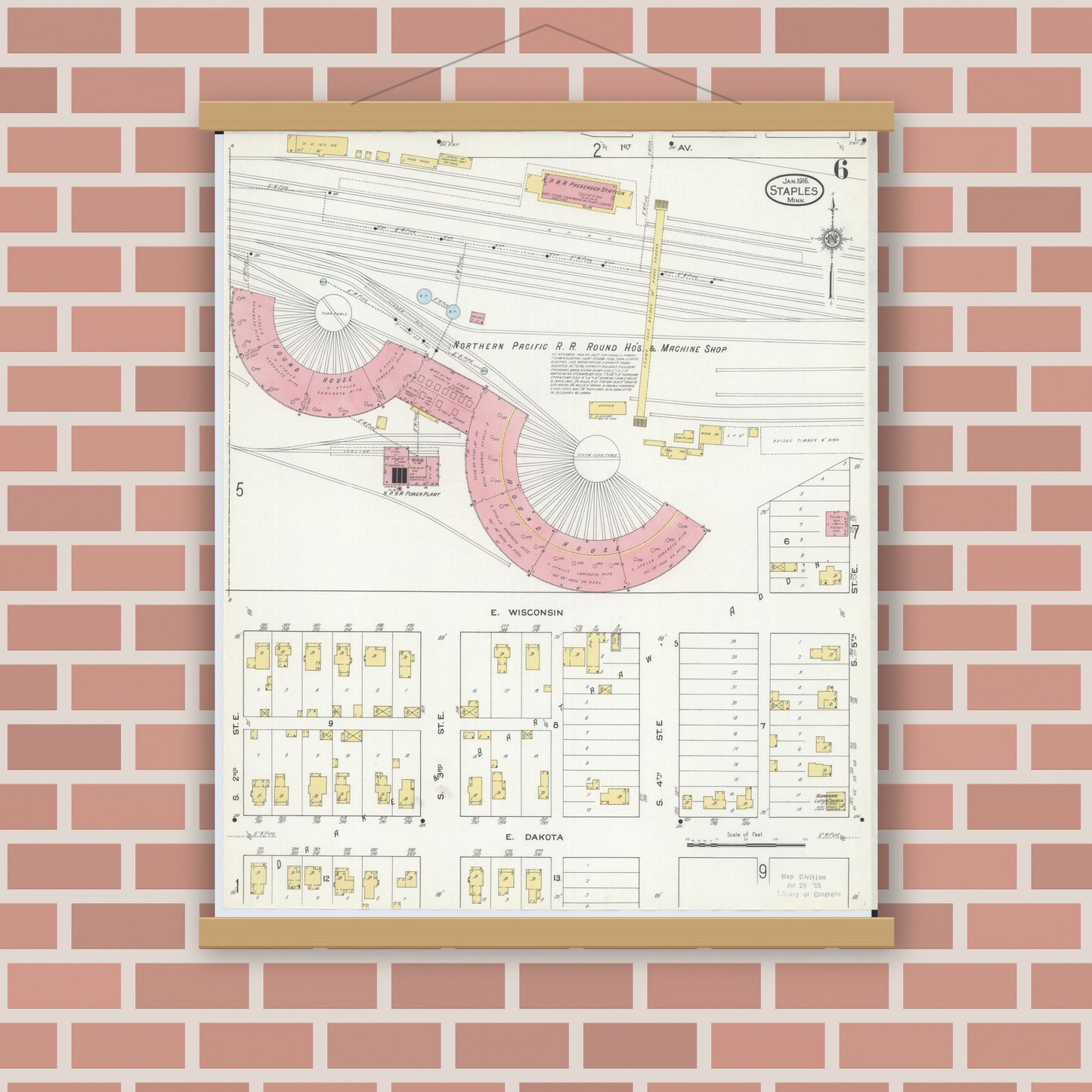 Old map wall art mockup — magnetic wood frame on brick wall — Sanborn Fire Insurance Map from Staples, Todd County, Minnesota (1916), Sheet #0006