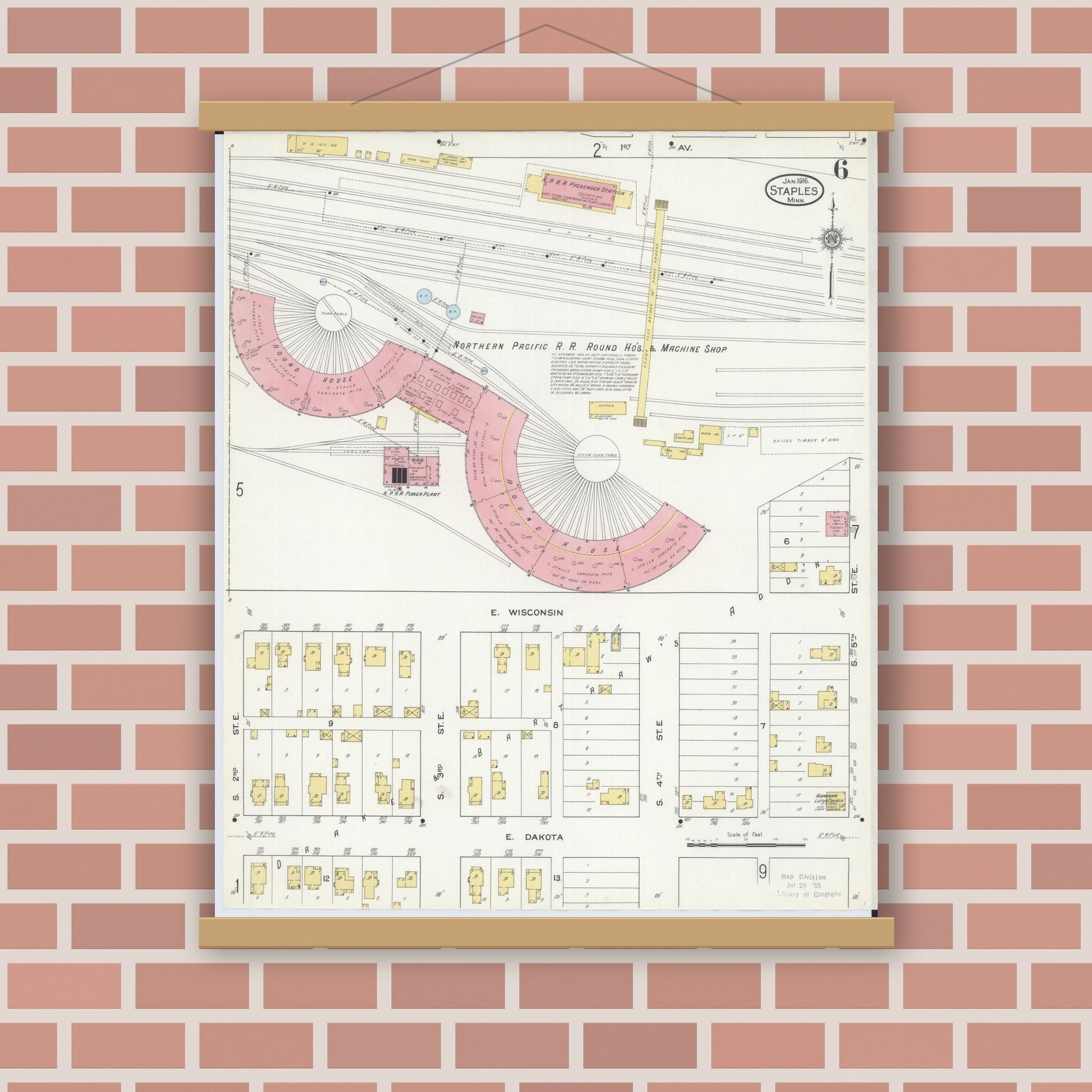 Old map wall art mockup — magnetic wood frame on brick wall — Sanborn Fire Insurance Map from Staples, Todd County, Minnesota (1916), Sheet #0006