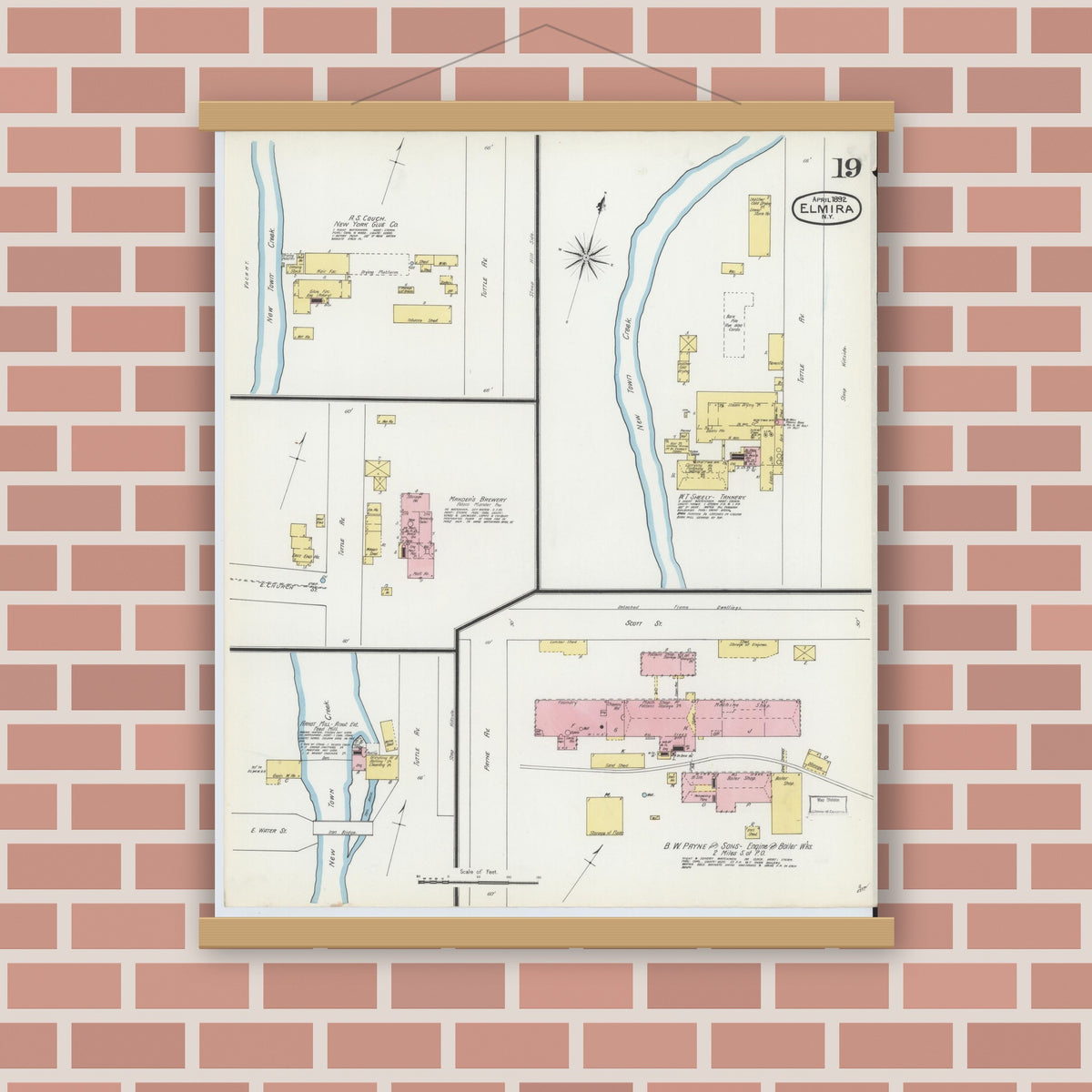 Old map wall art mockup — magnetic wood frame on brick wall — Sanborn Fire Insurance Map from Elmira, Chemung County, New York (1892), Sheet #0019