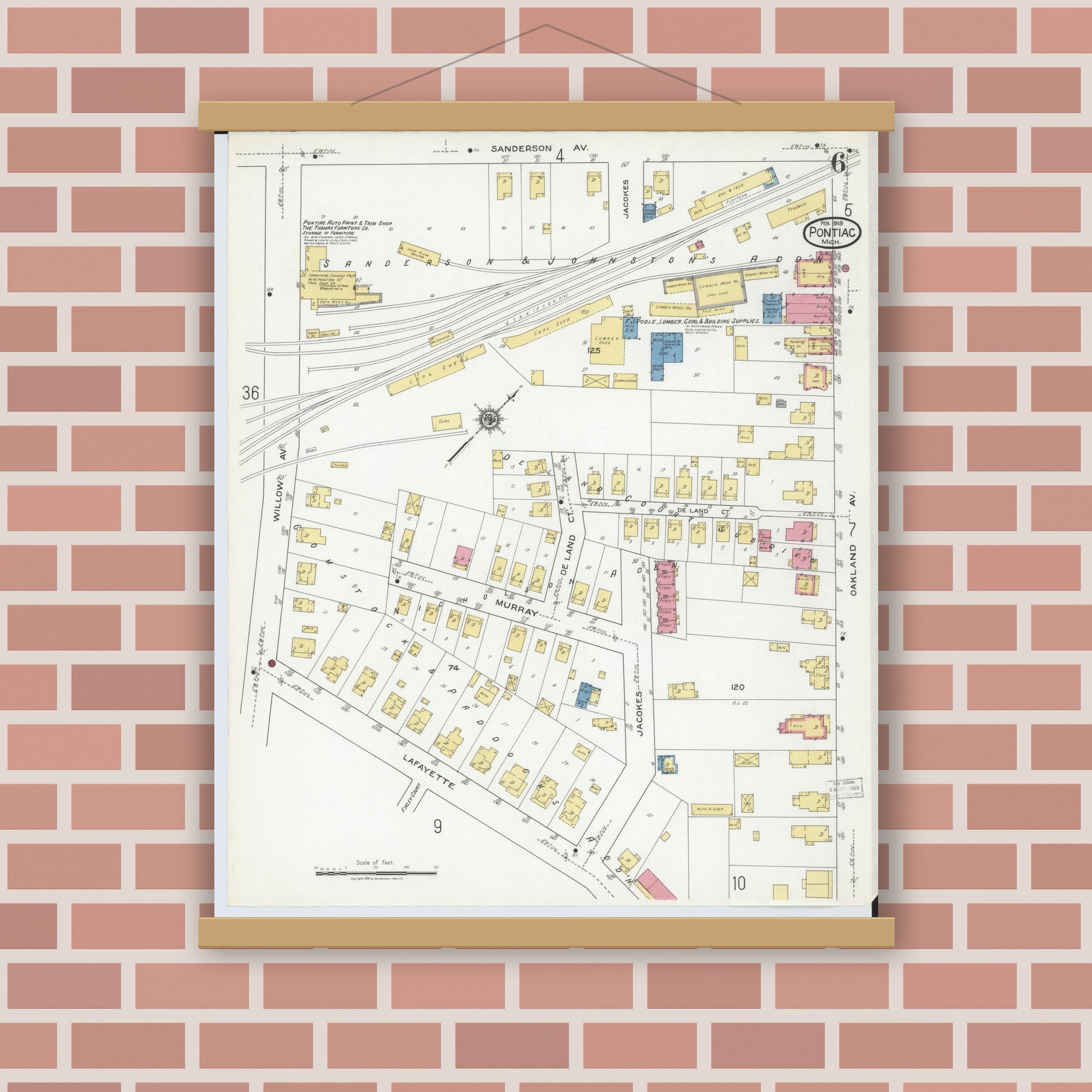 Old map wall art mockup — magnetic wood frame on brick wall — Sanborn Fire Insurance Map from Pontiac, Oakland County, Michigan (1919), Sheet #0006