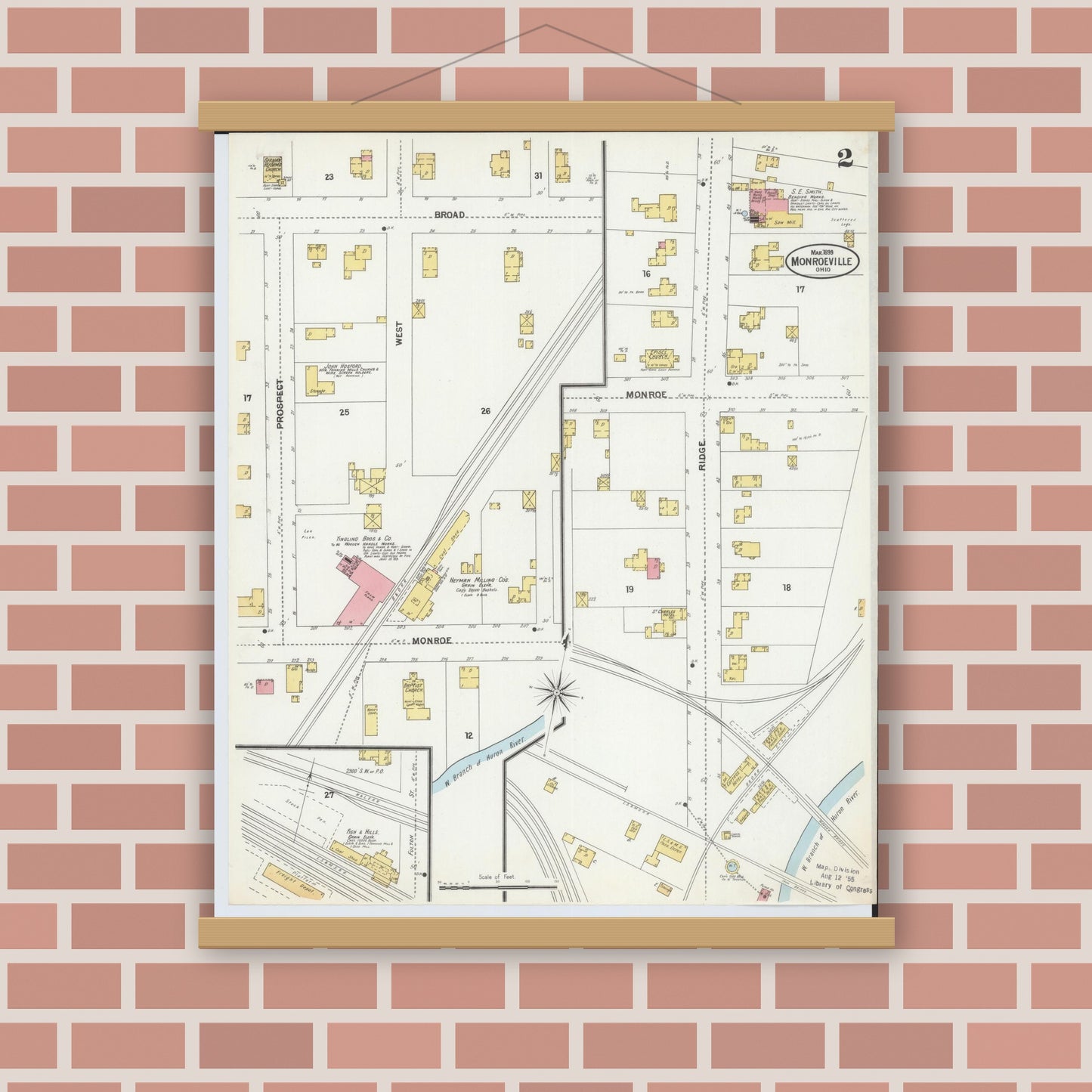 Old map wall art mockup — magnetic wood frame on brick wall — Sanborn Fire Insurance Map from Monroeville, Huron County, Ohio (1899), Sheet #0002