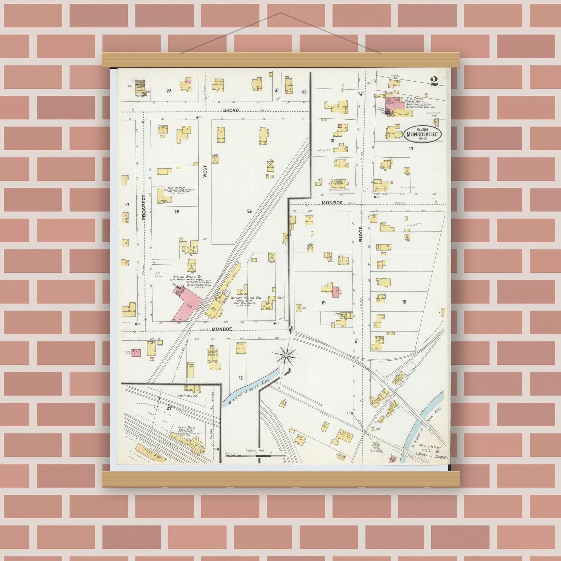 Old map wall art mockup — magnetic wood frame on brick wall — Sanborn Fire Insurance Map from Monroeville, Huron County, Ohio (1899), Sheet #0002