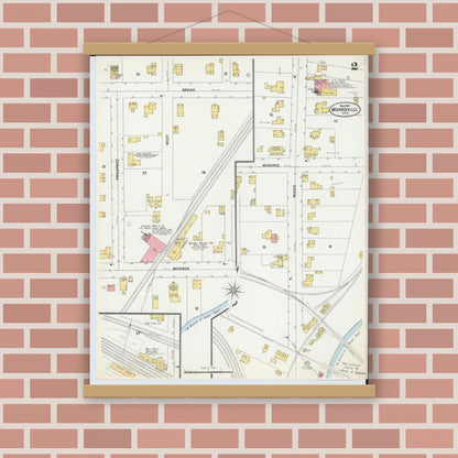 Old map wall art mockup — magnetic wood frame on brick wall — Sanborn Fire Insurance Map from Monroeville, Huron County, Ohio (1899), Sheet #0002