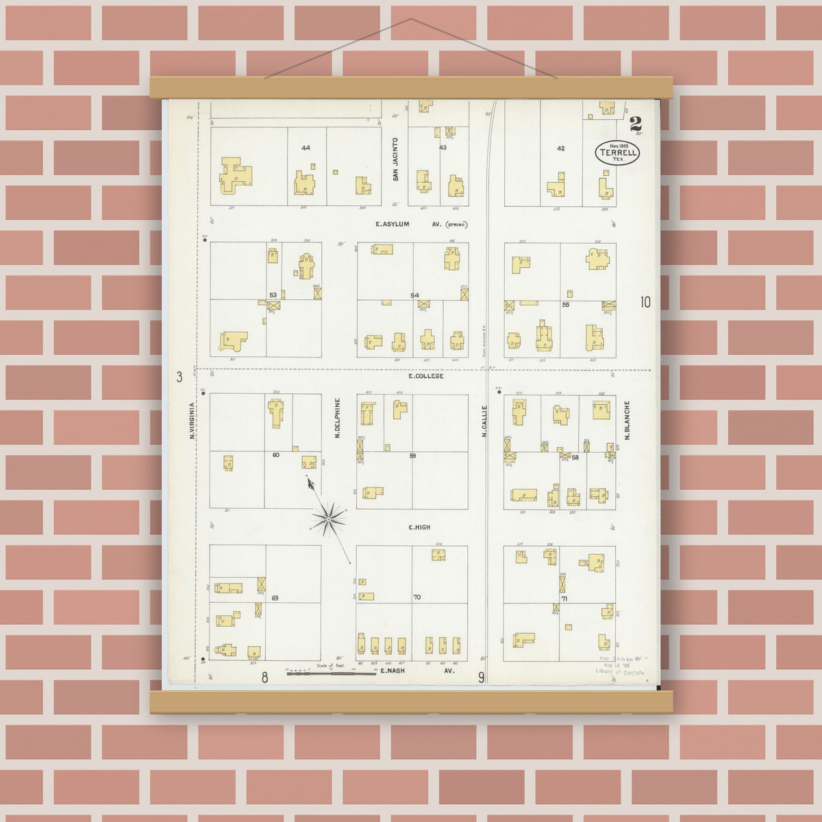 Old map wall art mockup — magnetic wood frame on brick wall — Sanborn Fire Insurance Map from Terrell, Kaufman County, Texas (1902), Sheet #0002