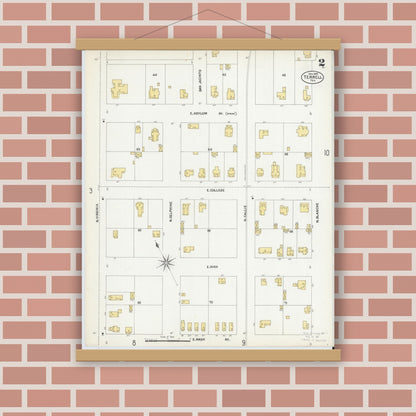 Old map wall art mockup — magnetic wood frame on brick wall — Sanborn Fire Insurance Map from Terrell, Kaufman County, Texas (1902), Sheet #0002