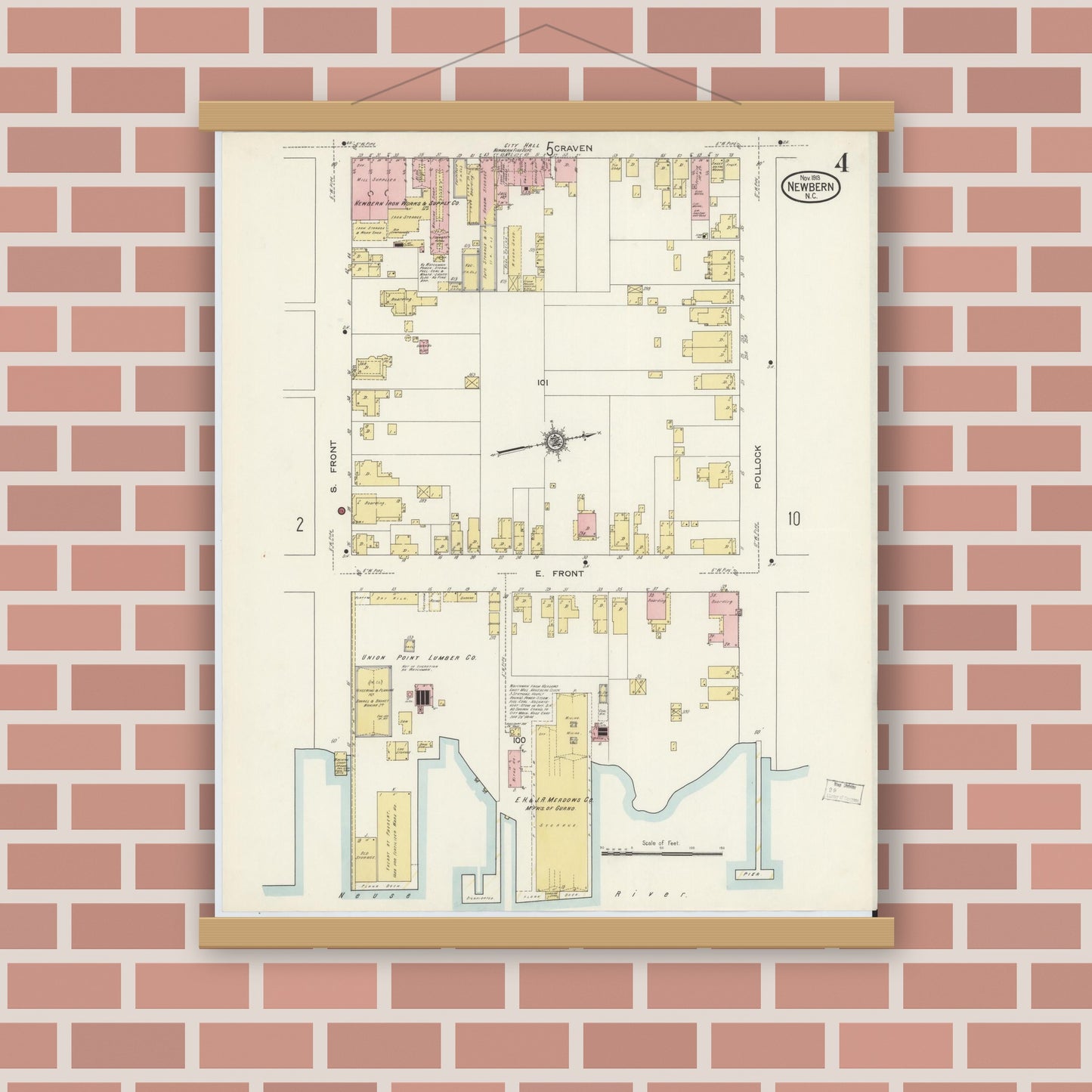 Old map wall art mockup — magnetic wood frame on brick wall — Sanborn Fire Insurance Map from New Bern, Craven County, North Carolina (1913), Sheet #0004