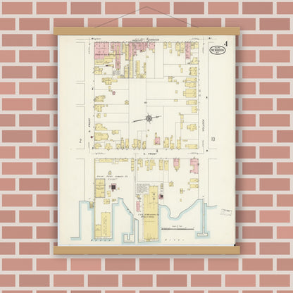 Old map wall art mockup — magnetic wood frame on brick wall — Sanborn Fire Insurance Map from New Bern, Craven County, North Carolina (1913), Sheet #0004