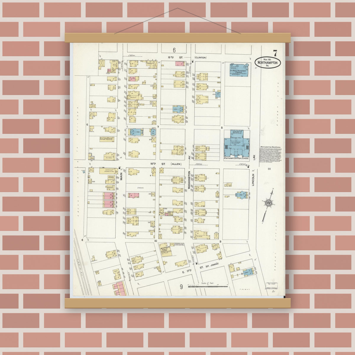 Old map wall art mockup — magnetic wood frame on brick wall — Sanborn Fire Insurance Map from Northampton, Northampton County, Pennsylvania (1911), Sheet #0007
