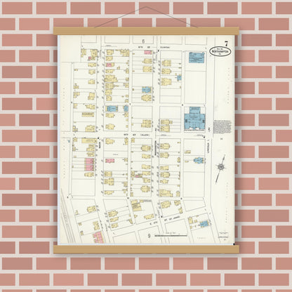 Old map wall art mockup — magnetic wood frame on brick wall — Sanborn Fire Insurance Map from Northampton, Northampton County, Pennsylvania (1911), Sheet #0007