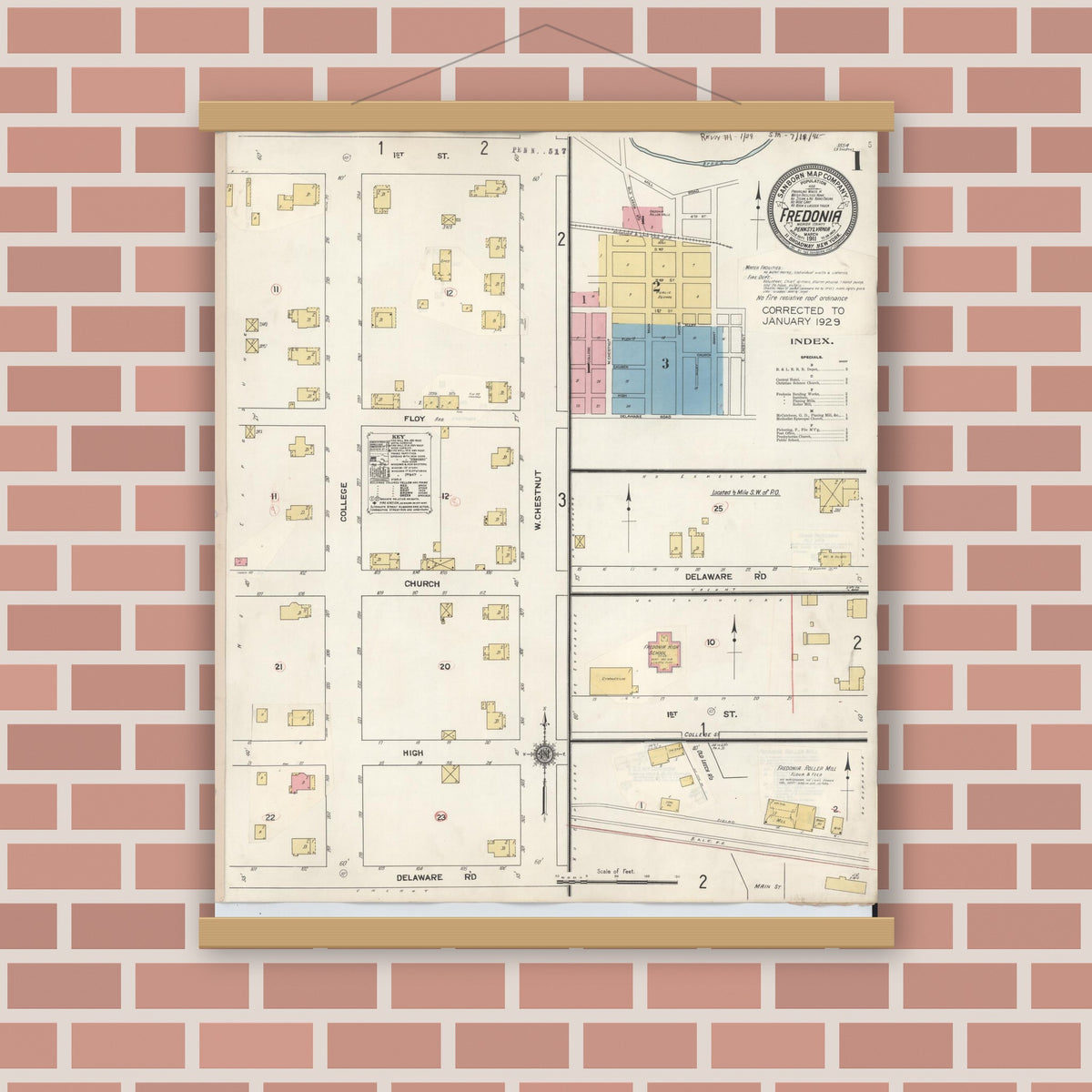 Old map wall art mockup — magnetic wood frame on brick wall — Sanborn Fire Insurance Map from Fredonia, Mercer County, Pennsylvania (1929) - Complete Map Set