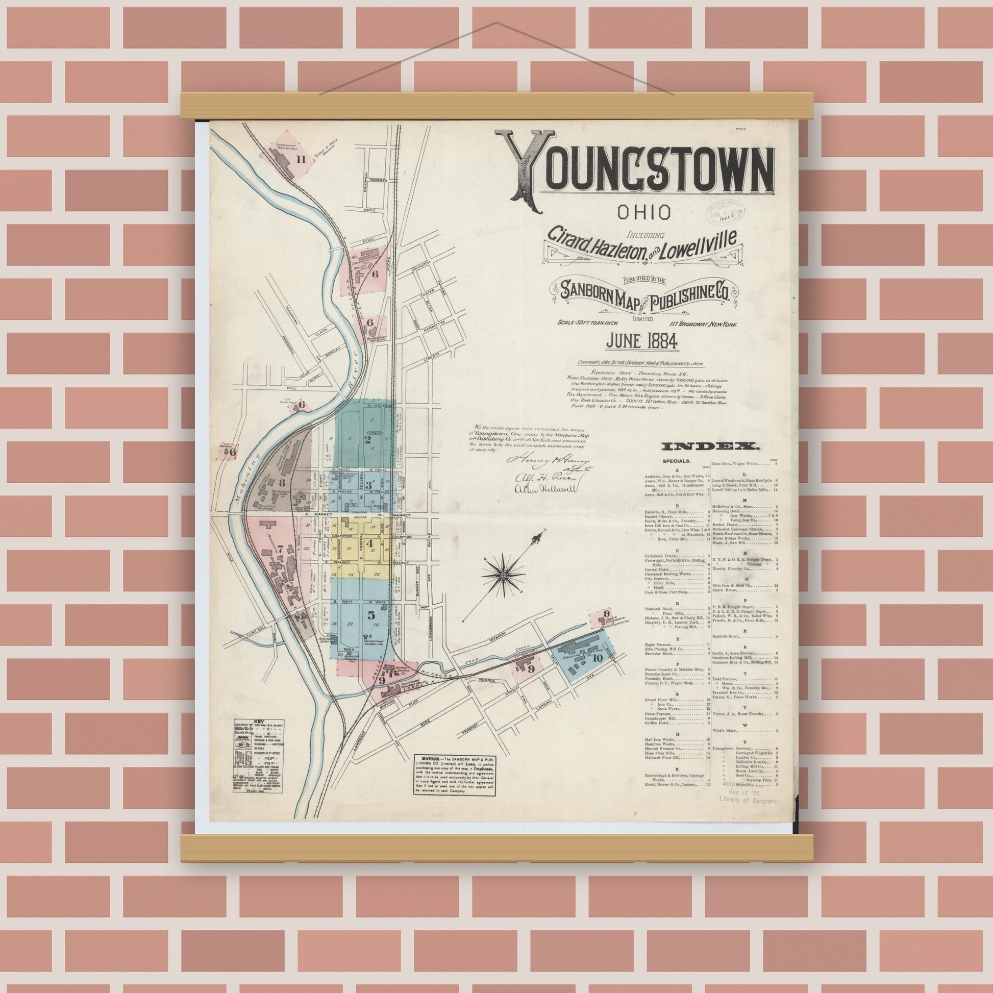 Old map wall art mockup — magnetic wood frame on brick wall — Sanborn Fire Insurance Map from Youngstown, Mahoning County, Ohio (1884) - Complete Map Set